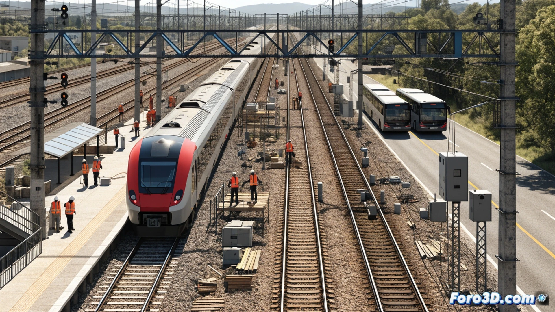 Renfe maintenance workers installing new digital signaling equipment along railway tracks, a high-speed train stopped at Zaragoza Delicias station in background, passengers walking toward replacement buses, empty platforms at Zaragoza Goya and Portillo stations shown as closed, technical engineering visualization with exposed signal cables and junction boxes, orange safety vests and hard hats, concrete station architecture, bright daylight, photorealistic industrial scene, clear action of infrastructure upgrade process