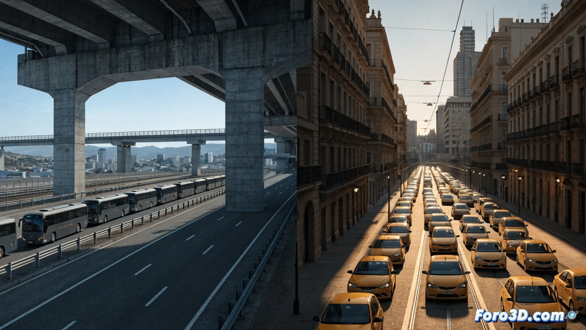 Renfe logistics operation at a railway construction site, rows of white coaches and yellow taxis parked on a gravel lot near closed train tracks, workers in high-vis vests directing passengers toward buses, cranes and rail replacement machinery visible in the background, dusty earthmoving equipment, overhead power lines being dismantled, cinematic engineering visualization, morning golden light casting long shadows, photorealistic technical illustration, detailed industrial scene with heavy machinery and transport fleet
