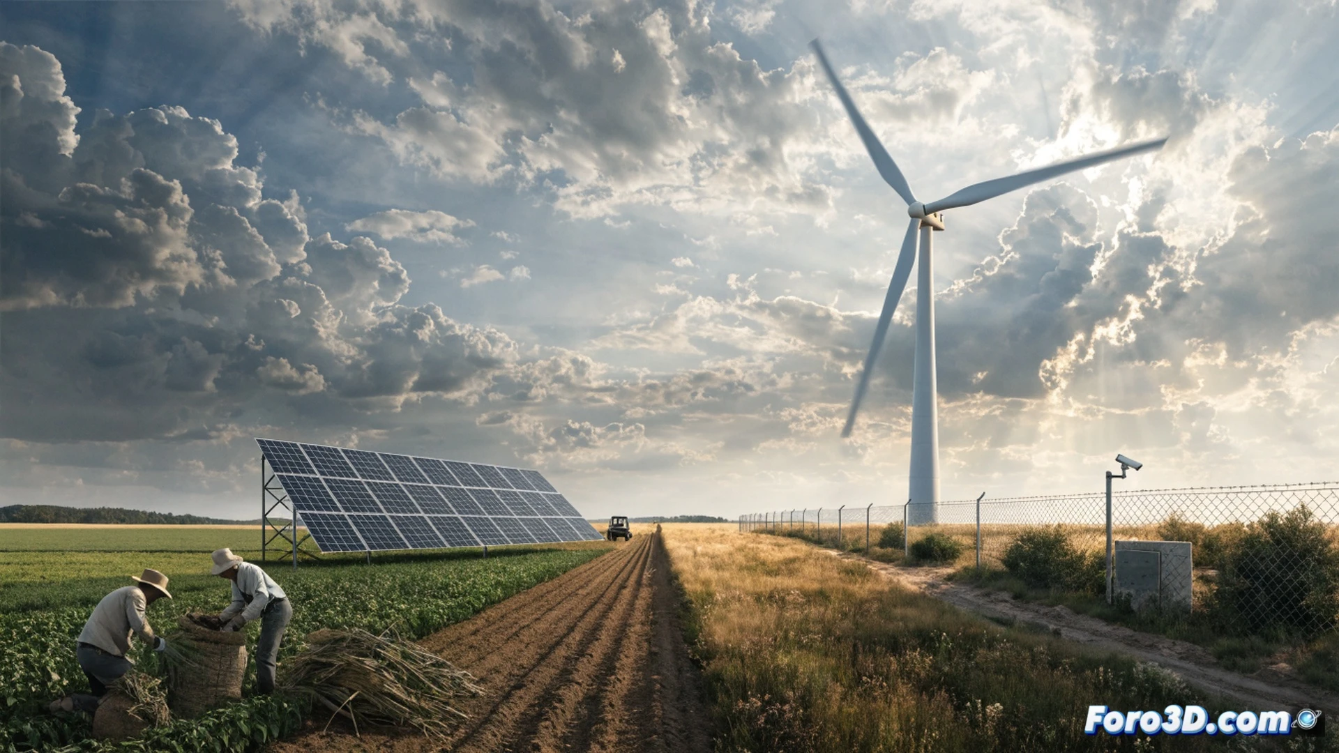 Campo agrícola dividido visualmente en dos mitades contrastantes, izquierda con tractores cosechando trigo dorado bajo cielo despejado, derecha con paneles solares fotovoltaicos y aerogeneradores girando lentamente, agricultor sosteniendo tableta digital analizando datos de rendimiento energético mientras otro agricultor examina suelo fértil con herramienta de medición, horizonte con líneas eléctricas, estilo cinematic photorealistic engineering visualization, iluminación natural dramática al atardecer, texturas detalladas de tierra arada y módulos solares reflectantes, nubes suaves, profundidad de campo, composición equilibrada