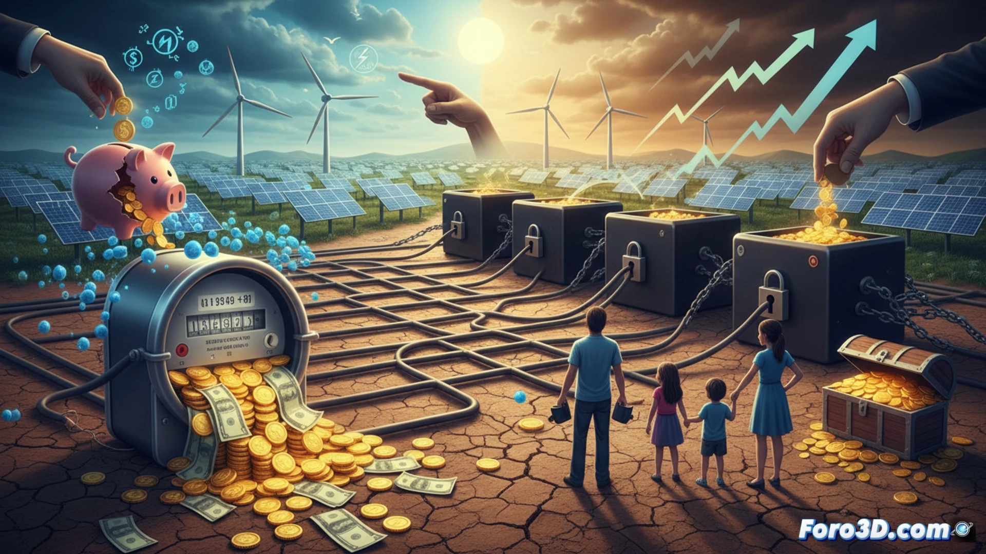 Aerial view of a sprawling solar farm under construction, dozens of solar panels being lifted by cranes while a digital cost-audit dashboard floats transparently in the foreground, red warning indicators pulsing over hidden subsidy flows, workers in hard hats inspecting a massive wind turbine foundation, cracked ground showing wasted land usage, photorealistic engineering visualization, dramatic overcast lighting, sharp contrast between clean energy hardware and opaque financial data streams, ultra-detailed photovoltaic cells and turbine blades, cinematic technical illustration