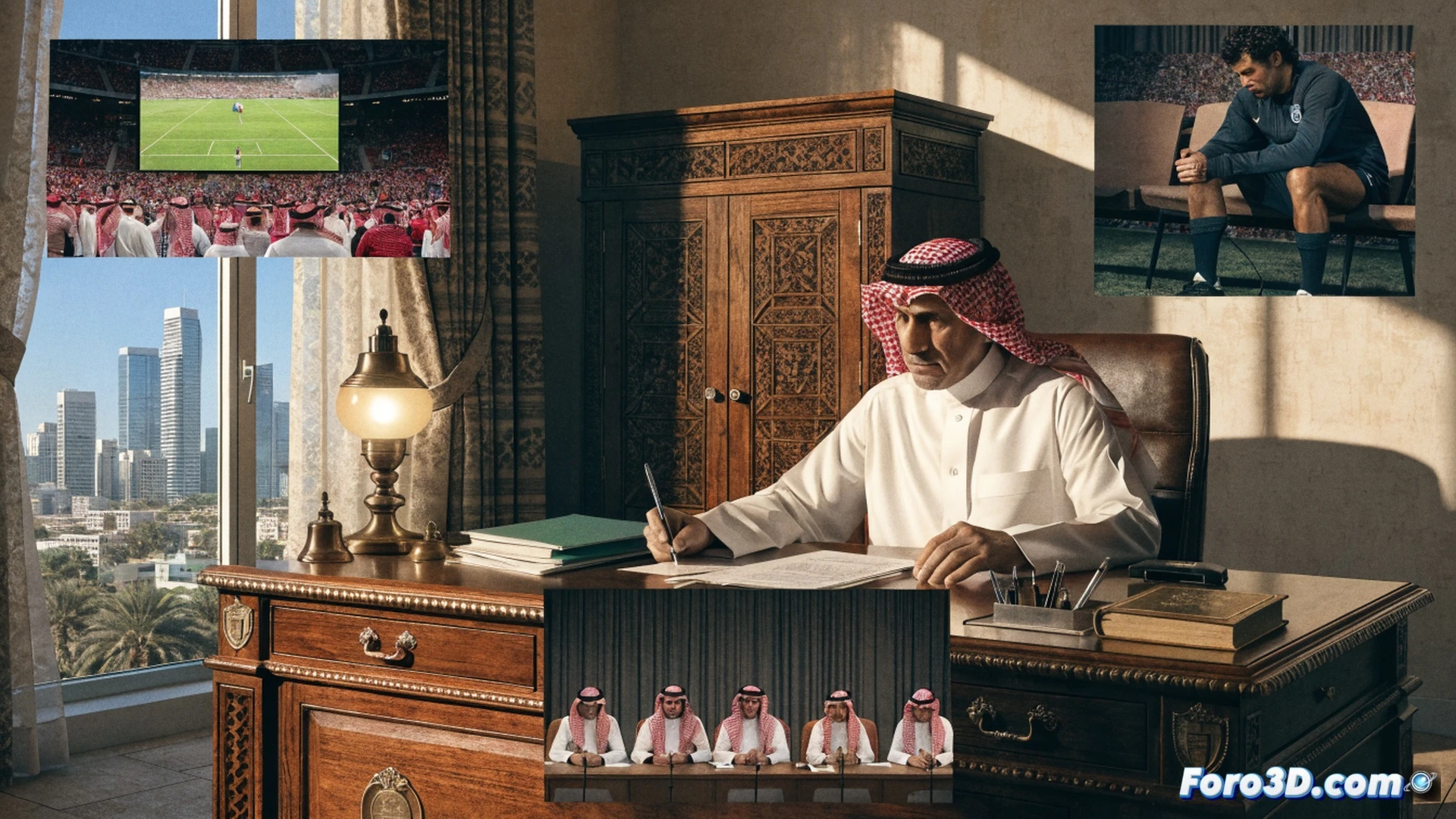 Arabian football federation president resignation scene, Yasser Al-Misehal signing official documents on mahogany desk, removing federation badge from blazer jacket, Saudi national team jersey draped over empty chair, World Cup 2026 group standings chart shown on tablet screen displaying last place, football analytics dashboard with red elimination markers, overhead dramatic spotlight casting long shadows, photorealistic corporate documentary style, shallow depth of field, polished marble floor reflection, tension in posture, ultra-detailed fabric textures, cinematic political resignation imagery