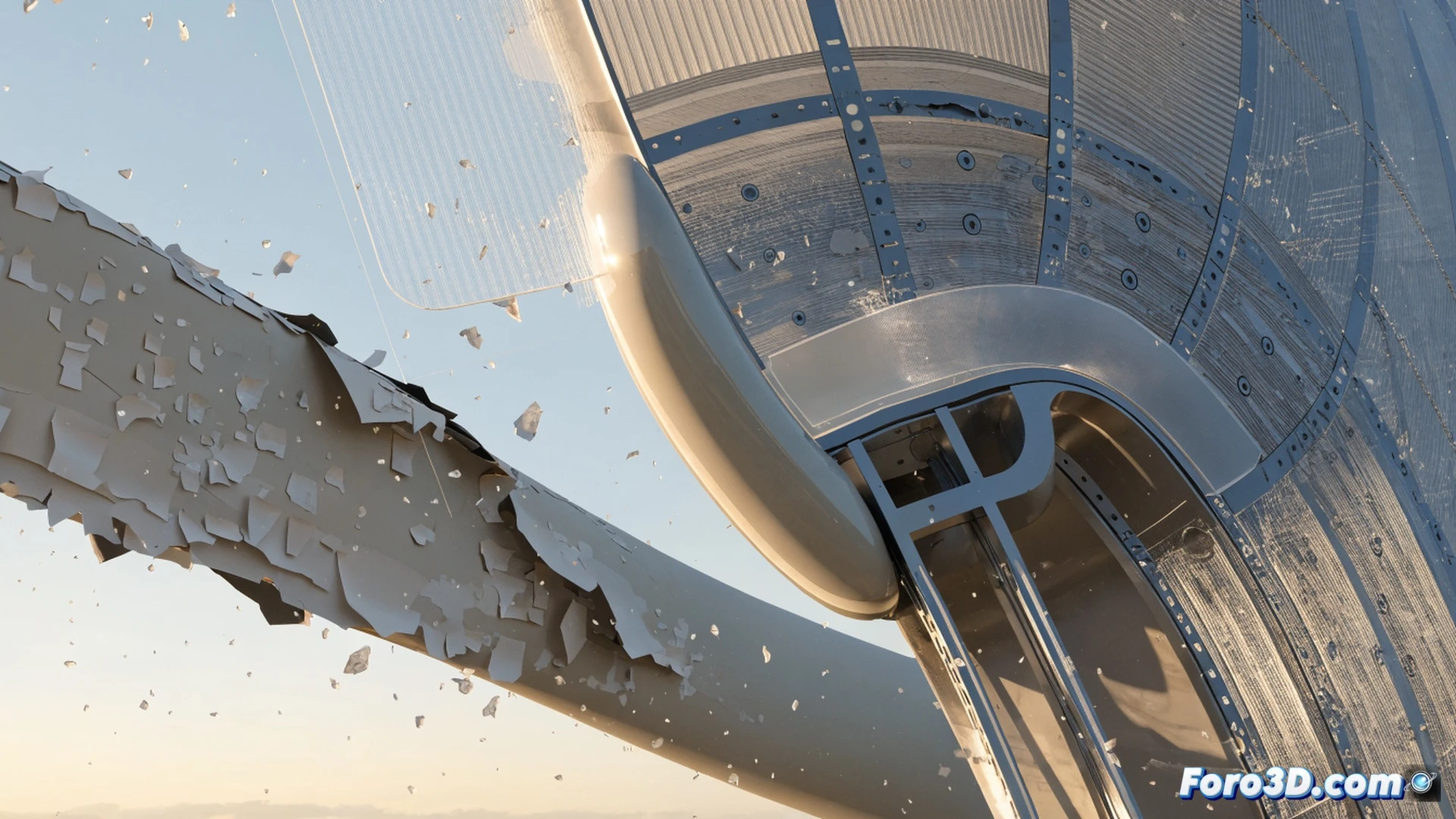 photorealistic technical illustration of wind turbine blade repair after hailstorm damage, delaminated composite layers peeling from blade tip, 3D laser scanner projecting blue grid lines onto damaged surface, laptop showing photogrammetry software with point cloud mesh and finite element stress analysis overlay, technician in safety harness inspecting exposed carbon fiber layers, carbon fiber splinters and cracked gelcoat fragments scattered on ground, dramatic overcast sky lighting, cinematic engineering visualization, ultra-detailed composite textures, metallic turbine tower in background, precise industrial atmosphere