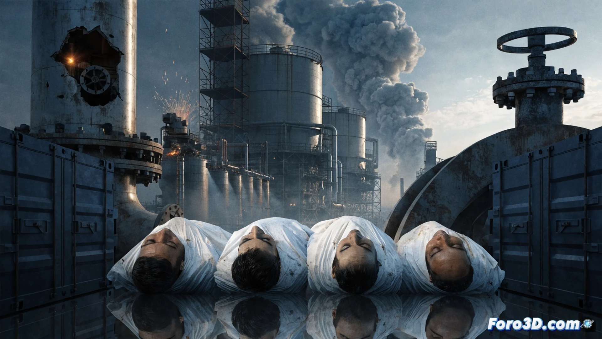Explosion crater in a gas plant control room, shattered glass panels and twisted metal pipes, four draped stretchers being loaded onto a military cargo plane under floodlights, Indian embassy officials in suits coordinating with airport ground crew, medical oxygen cylinders and emergency response equipment in foreground, debris scattered across concrete floor, smoke rising from distant industrial facility, cinematic photorealistic technical illustration, dramatic low-angle lighting, ultra-detailed mechanical damage, somber atmosphere with blue-gray color palette, high-contrast shadows, realistic industrial textures