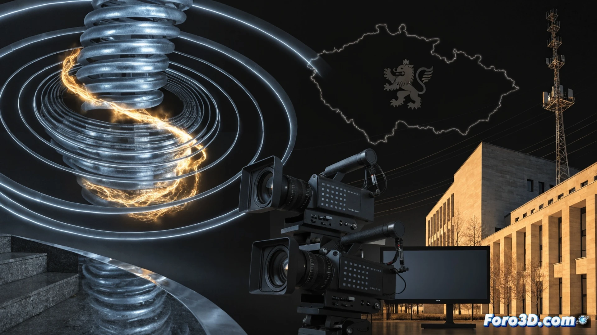 Czech public broadcasting building facade with a giant piggy bank being smashed by a government hammer, coins labeled with 8.50 euro symbols flying into a state budget ledger, TV and radio antennas collapsing under the impact, studio equipment cables being cut, employees packing boxes while news screens show static, cinematic photorealistic style, dramatic low-angle shot, shattered glass particles suspended mid-air, cold institutional lighting, shadows of politicians looming over the scene, ultra-detailed architectural render