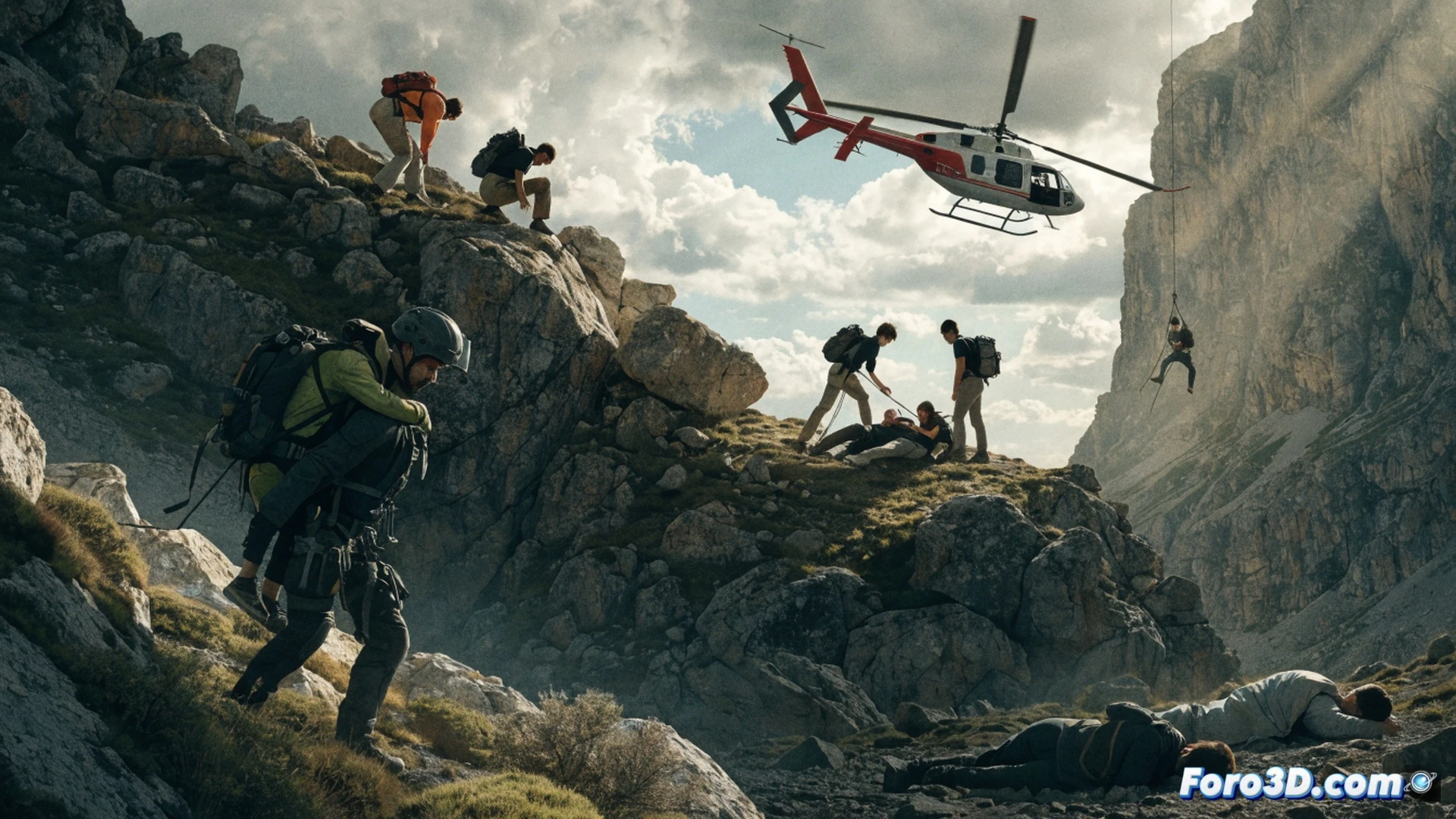 helicopter rescue operation in rugged Pyrenees mountain terrain, Guardia Civil Eurocopter winching a stretcher with an injured hiker from a steep rocky slope, fractured leg visible in splint, scattered hiking gear and a broken trekking pole on the ground, two exhausted hikers in sleeping bags near a cliff edge at dusk, technical mountain rescue gear including carabiners, ropes, and a GPS device on a rescuer's harness, cinematic photorealistic style, dramatic golden hour light casting long shadows, mist swirling around granite peaks, ultra-detailed textures of rock and fabric, motion blur on rotor blades, high-angle perspective showing the chaotic rescue scene