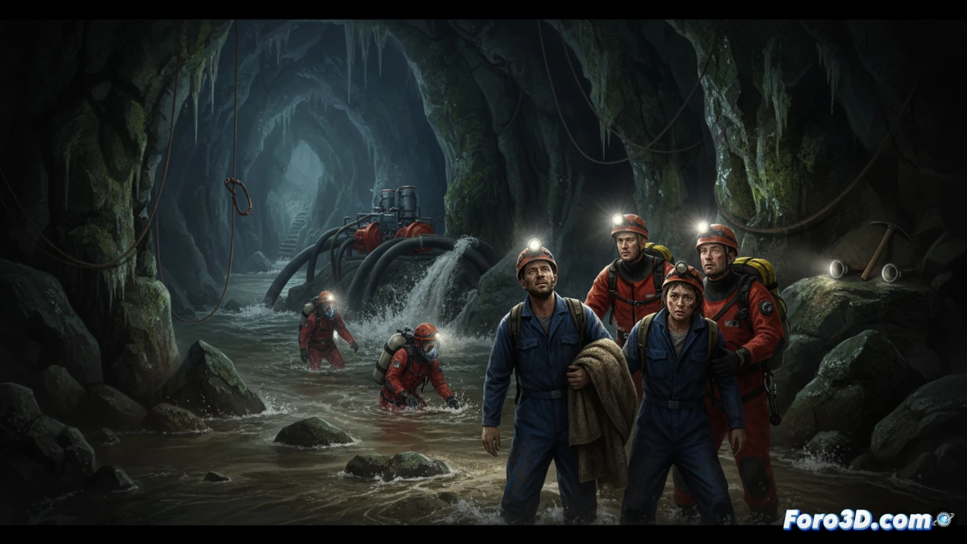 Rescue operation inside flooded cave in Laos, five exhausted miners walking through ankle-deep water towards daylight at cave entrance, water pumps with hoses actively draining murky water, headlamps on helmets illuminating wet rock walls, two empty stretchers near the exit indicating missing persons, cinematic photorealistic style, dramatic low-angle lighting from cave mouth, wet reflective surfaces, mud-smeared clothing, precarious rock formations overhead, technical rescue equipment visible, tense atmosphere with motion blur of dripping water, ultra-detailed cave textures, realistic human fatigue expressions, industrial emergency lighting