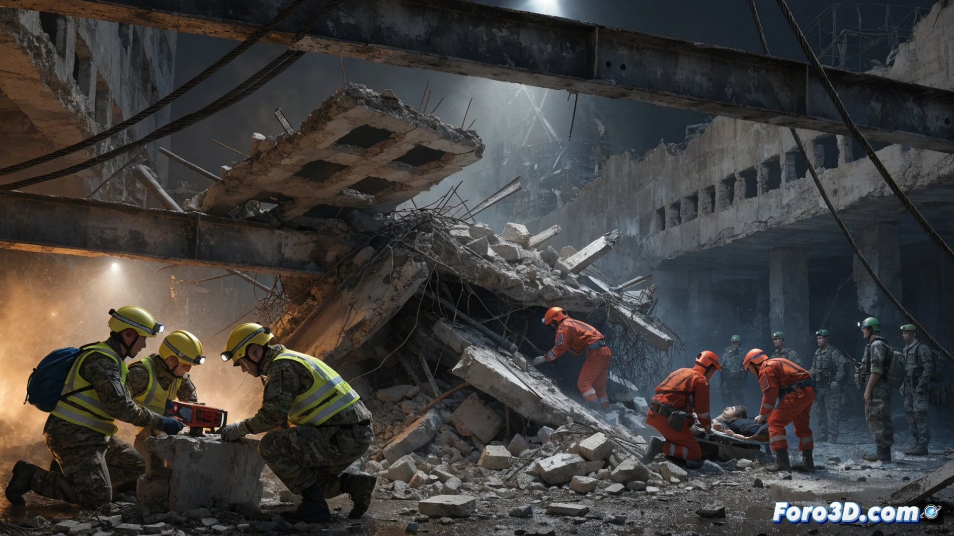 Rescue workers in orange and blue uniforms lifting concrete rubble with hydraulic jacks and crowbars, a survivor's hand emerging from dust-covered debris, flashlight beams cutting through grey smoke, collapsed building facade with twisted rebar and cracked walls, medical team preparing stretcher nearby, dramatic low-angle shot, photorealistic disaster scene, gritty textures, intense chiaroscuro lighting, dust particles suspended in air, cinematic documentary style, ultra-detailed rubble and tools, emotional tension visible in body language