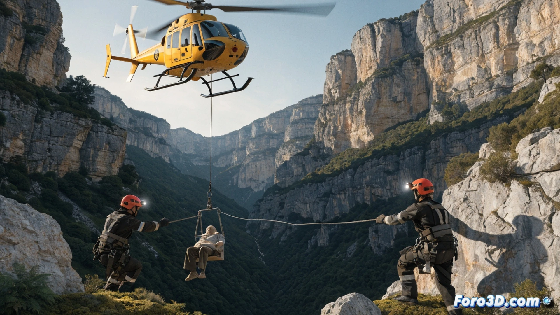 mountain search and rescue operation, elderly man with confused expression sitting on rocky terrain, forested slopes of Vall de Gallinera, helicopter hovering above with rescue harness descending, firefighters in yellow helmets coordinating on ground, medical equipment bag visible, dramatic aerial perspective, cinematic photorealistic style, late afternoon golden light casting long shadows, dust particles illuminated by rotor wash, emergency beacon flashing on rescuer vest, rugged Mediterranean landscape with pine trees, tense rescue moment, ultra-detailed textures of rocks and vegetation, high-contrast lighting emphasizing urgency