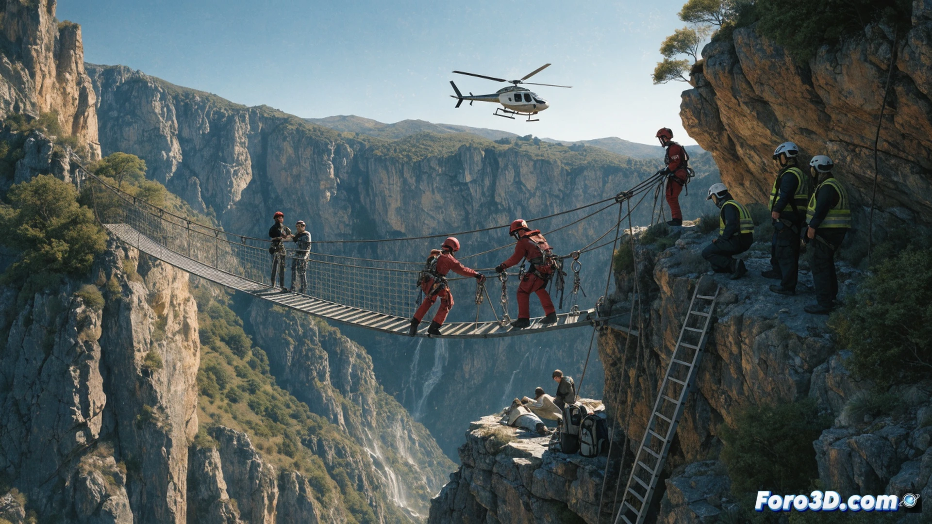 Rescue operation at Chulilla suspension bridges, two hikers secured by rope harnesses on narrow cliffside path, firefighters rappelling from above while deploying technical rescue gear and stretcher, rocky gorge with wooden bridge planks and steel cables, medical team with backpacks waiting on stable ground, cinematic photorealistic visualization, dramatic low-angle sunlight through canyon, dust particles in air, climbing carabiners and helmets visible, realistic mountain terrain textures, action showing coordinated rescue process, ultra-detailed emergency equipment, tense but controlled scene