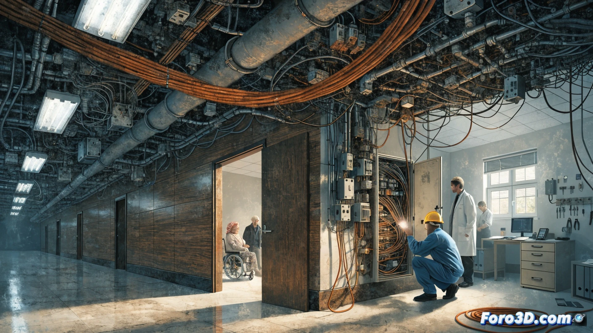 Residencia de ancianos con instalación eléctrica visiblemente deteriorada, un técnico con multímetro digital inspeccionando un cuadro de fusibles oxidados y cables pelados que cruzan el techo, mientras una enfermera ayuda a un anciano en silla de ruedas bajo un fluorescente parpadeante, proceso de inspección en curso mostrando riesgo inminente, estilo cinematográfico fotorrealista, iluminación tenue y sombras alargadas, texturas de pintura descascarada y polvo, atmósfera de abandono técnico, detalles hiperrealistas de componentes eléctricos degradados
