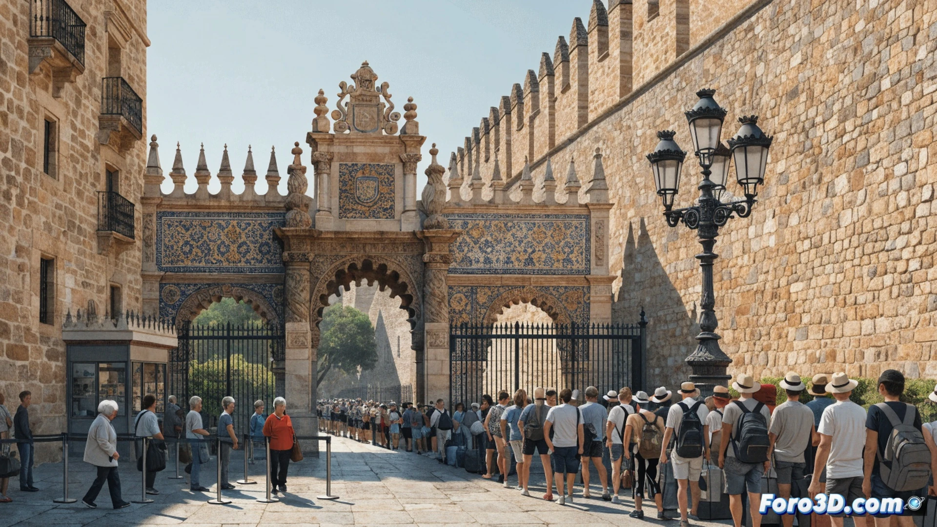 Real Alcázar of Seville stone archway separating two distinct pedestrian flows, locals walking quickly through a short empty lane while tourists queue in a long crowded line, a digital sign displaying queue wait times above the entrance, wrought-iron barrier with a residence card scanner, sunlight casting sharp shadows on the cobblestone ground, cinematic photorealistic architectural visualization, dynamic action of locals bypassing the tourist bottleneck, bright warm Andalusian daylight, high detail on Moorish tilework and brick texture, ultra-realistic urban scene