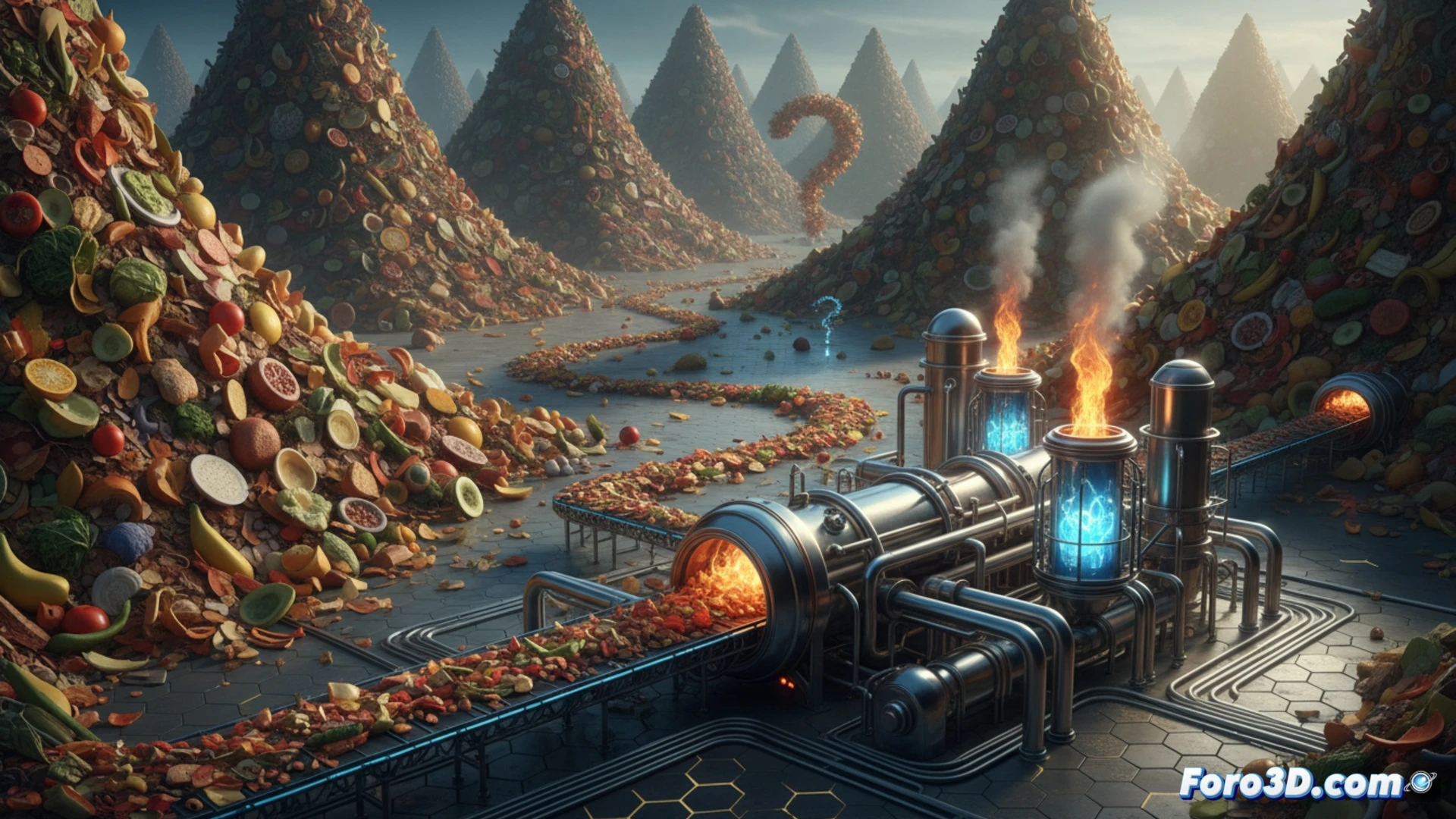 industrial food waste conveyor belt overflowing with rotten vegetables and fruit scraps, a metallic reactor chamber in background converting organic waste into synthetic fuel droplets, glowing blue energy particles rising from the reactor, a single glowing pipeline diverting waste into the machine while mountains of excess trash pile up beside it, cinematic engineering visualization, stark contrast between bright technical solution and dark rotting waste, dramatic side lighting, photorealistic industrial scene, steam and condensation on metal surfaces, ultra-detailed texture of decaying food and polished steel, motion blur on conveyor belt movement