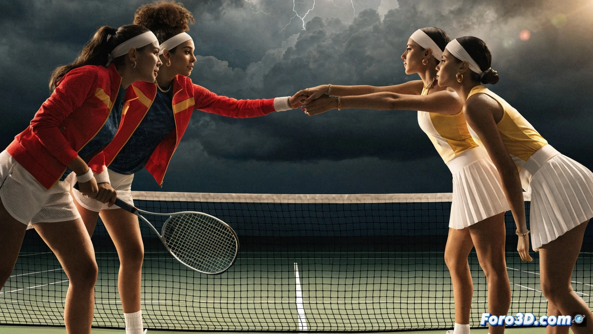 two tennis players mid-swing on a clay court after a storm, puddles reflecting dramatic sunset light, one player executing a topspin forehand with water spray rising from the racket strings, the other player lunging for a defensive backhand slice, umpire chair and net visible with wet tension, dynamic action showing resilience and reunion, cinematic photorealistic style, high contrast chiaroscuro lighting, water droplets frozen in motion, racket vibration lines visible, textured clay particles splashing, ultra-detailed court lines and net shadows, dramatic storm clouds clearing in background