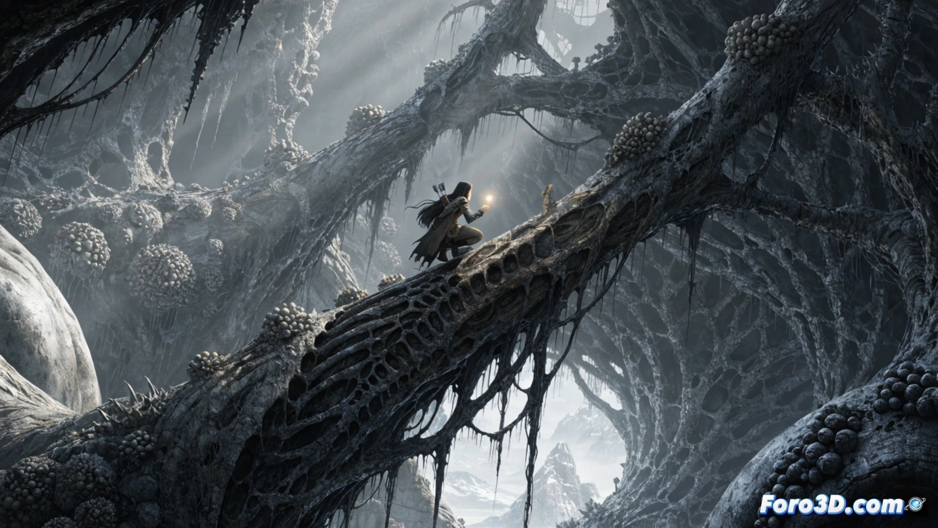 young woman explorer in dark hooded cloak standing on crumbling stone bridge over chasm, holding a mechanical lantern with glowing blue light, a giant minotaur shadow emerging from misty ruins behind her, ancient stone mechanisms with gears and pulleys visible on walls, cracked marble floor tiles with moss, dramatic cinematic lighting with shafts of sunlight breaking through broken ceiling, photorealistic technical illustration, high detail stone textures, atmospheric fog, action pose with one hand reaching forward while lantern illuminates hidden symbols on pillar, ultra-detailed medieval architecture, dark fantasy aesthetic