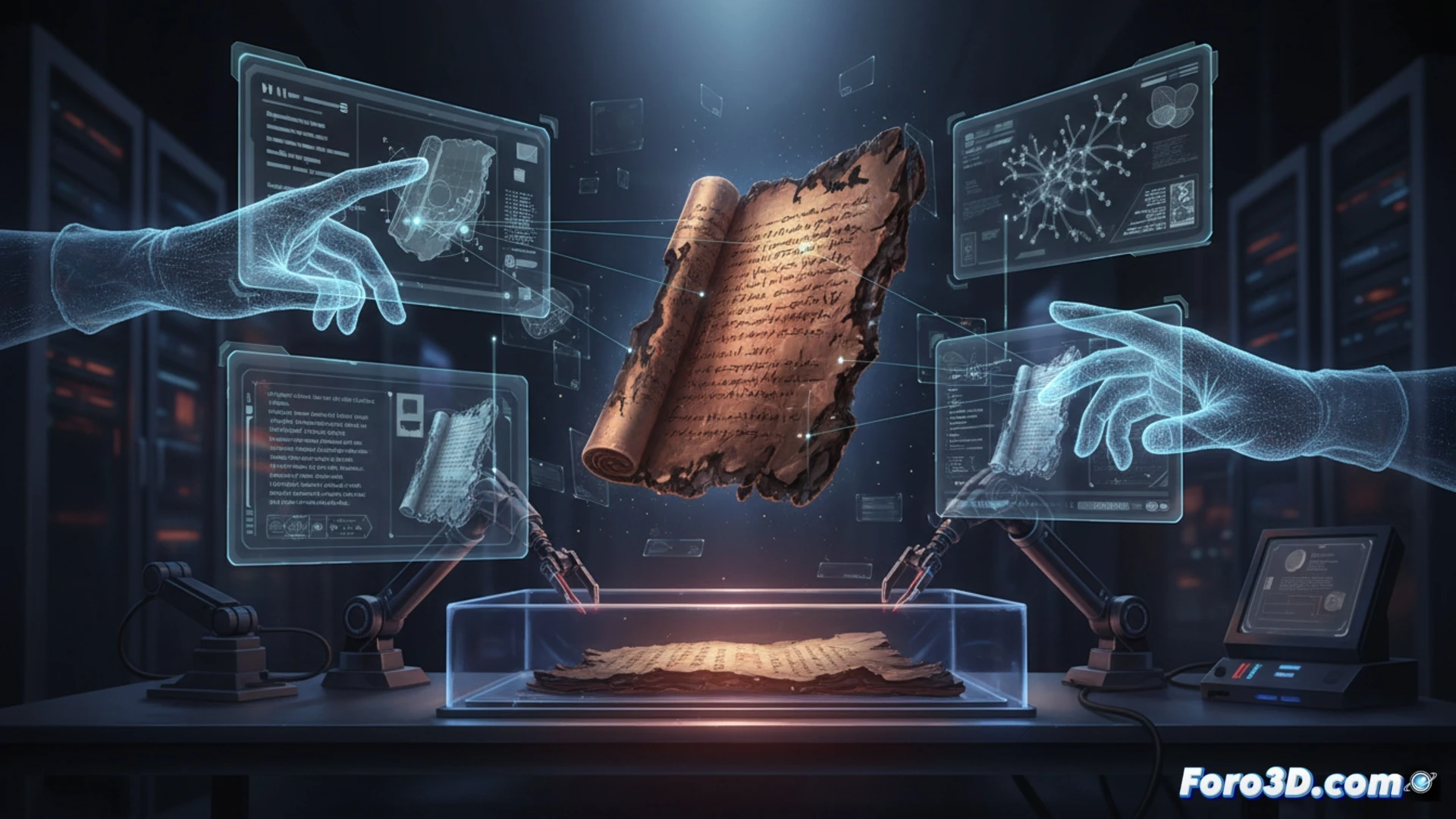 Manuscrito calcinado siendo escaneado con luz estructurada para crear modelo 3D de restauración digital