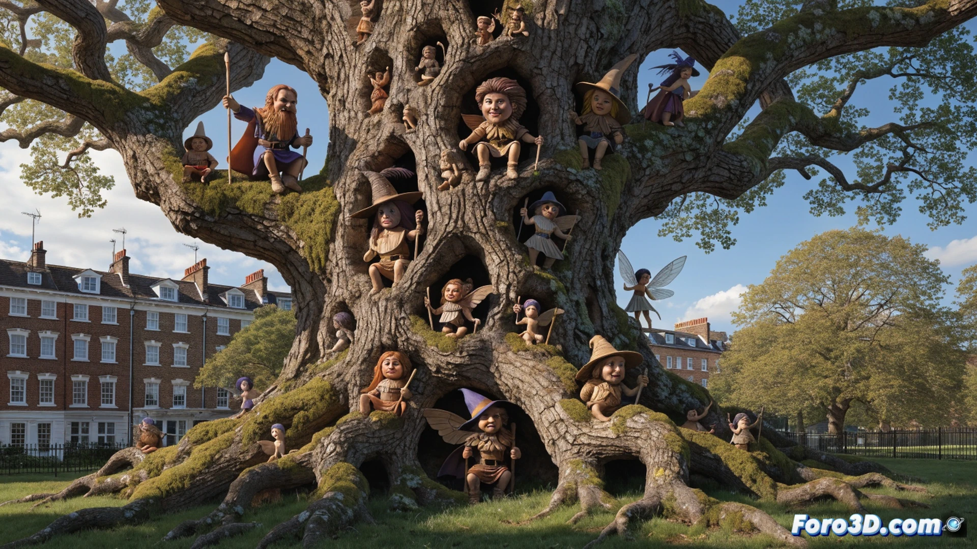 robust oak tree trunk in a London park, 97 tiny hand-carved fairy and goblin figures being restored by a technician using fine wood chisels and magnifying goggles, one figure held in a padded clamp while a brush applies clear varnish, sunlight filtering through leaves onto the weathered wood, cinematic photorealistic style, detailed bark texture, tools laid on a clean cloth nearby, soft green foliage background, warm golden hour lighting, hyperrealistic sculpting details, no text or numbers visible