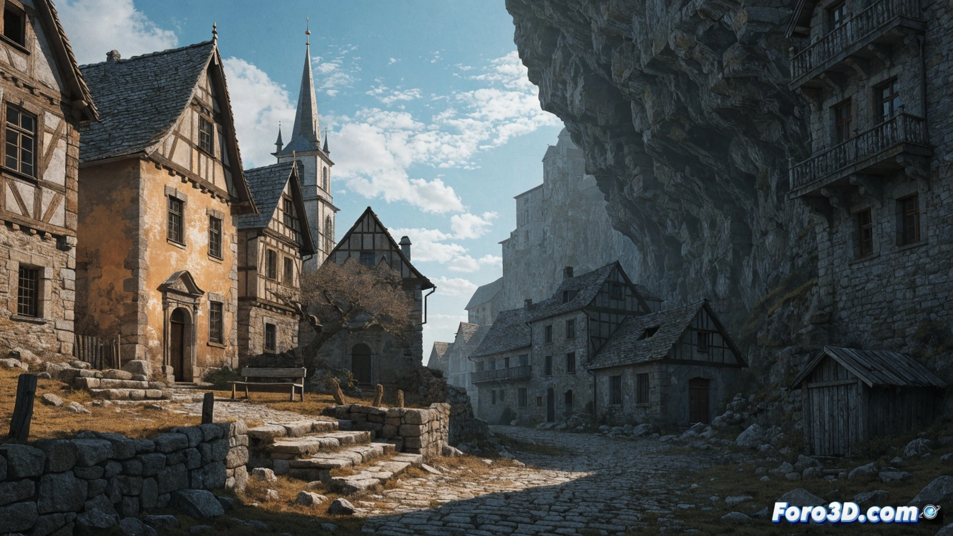 Dron sobrevuela una aldea abandonada mientras una mano sostiene una tableta mostrando planos de restauración de una iglesia, al fondo grúas y andamios vacíos junto a carteles de obra oxidados, primer plano de herramientas de construcción polvorientas y un plano técnico de arquitectura parcialmente enrollado, contraste entre el software de diseño CAD en la tableta y el pueblo sin personas, estilo cinematográfico hiperrealista, luz natural de atardecer, atmósfera melancólica, texturas desgastadas en piedra y madera