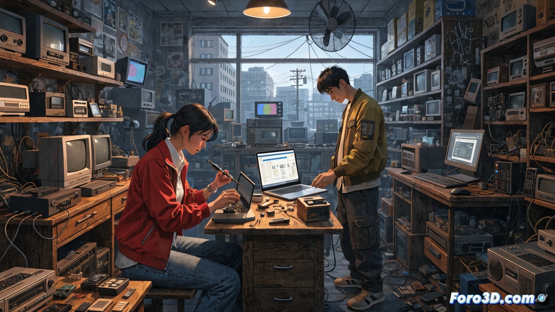 vintage electronics repair workshop in Japan, technician using a soldering iron on a retro game console circuit board, CRT monitor displaying diagnostic software, scattered components like capacitors and resistors on wooden desk, shelves with old cellphones and handheld consoles, warm neon light from street outside, nostalgic atmosphere, cinematic photorealistic render, detailed tools and cables, focused action of repairing while examining schematics, soft dust particles in light beams