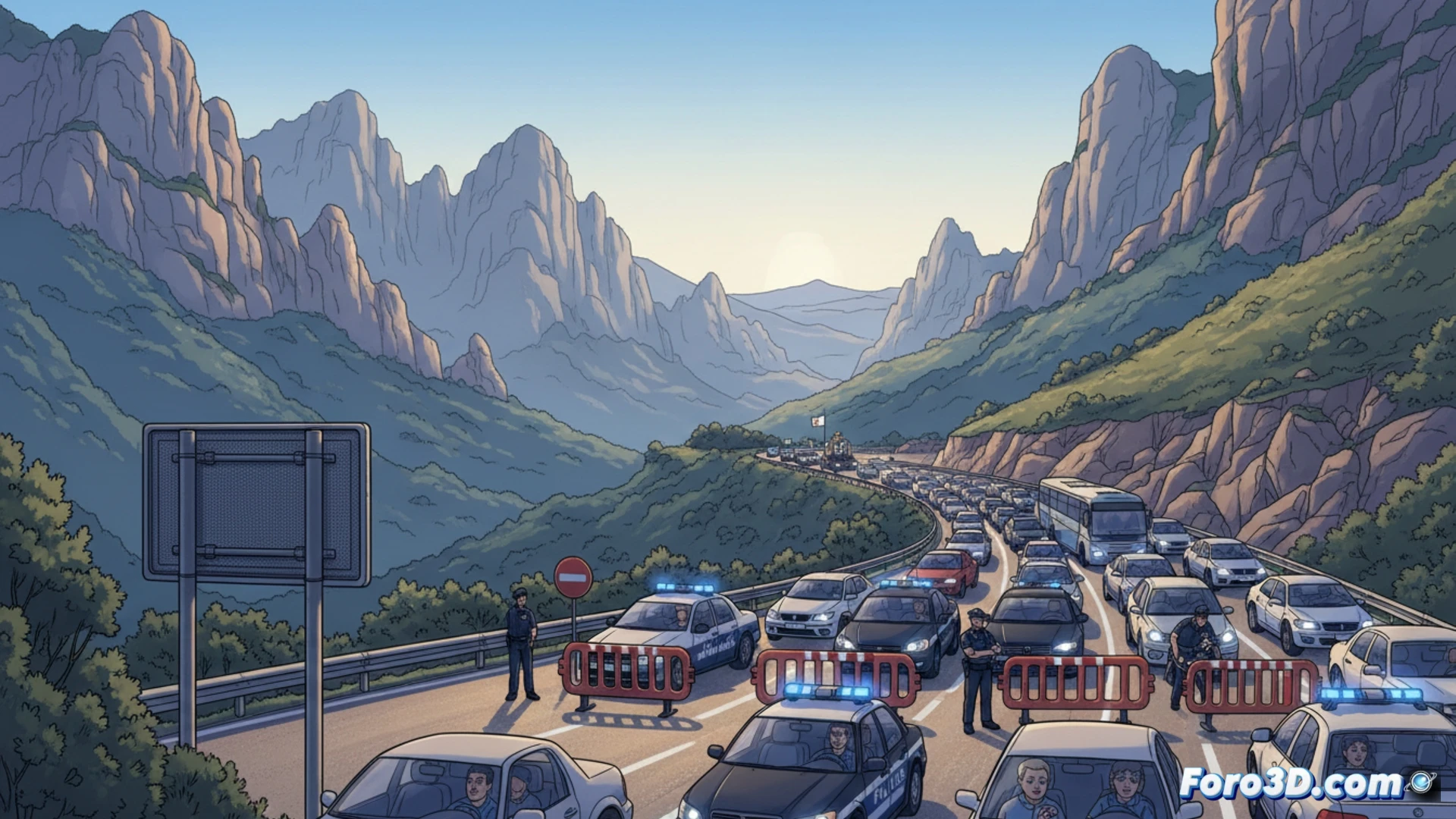 cinematic aerial view of two winding mountain roads BP-1103 and BP-1121 converging near Montserrat, long queue of stopped cars forming a one-kilometer traffic jam, police checkpoint with barrier and flashing lights blocking entrance, empty road ahead leading to monastery, vehicles with official Vatican flags passing through, morning sunlight casting long shadows over rocky cliffs, photorealistic technical landscape render, high-angle shot emphasizing congestion and restricted flow, realistic asphalt texture, dramatic atmosphere with haze over distant peaks