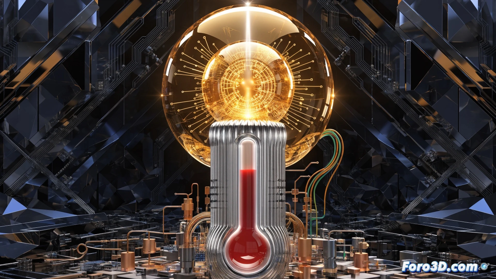 cinematic photorealistic scene of a digital thermometer display hovering above a stock market trading floor, glowing red mercury column rising sharply past 298 percent mark, thermometer shaped like a microchip with visible circuit traces, AI neural network data streams flowing around it as glowing blue particles, traders in background watching giant monitors showing semiconductor wafer production lines, robotic arms assembling memory chips during automated manufacturing process, dramatic spotlight illuminating the thermometer from above, dark ambient trading room with reflective glass surfaces, ultra-detailed hardware components, technical engineering visualization style