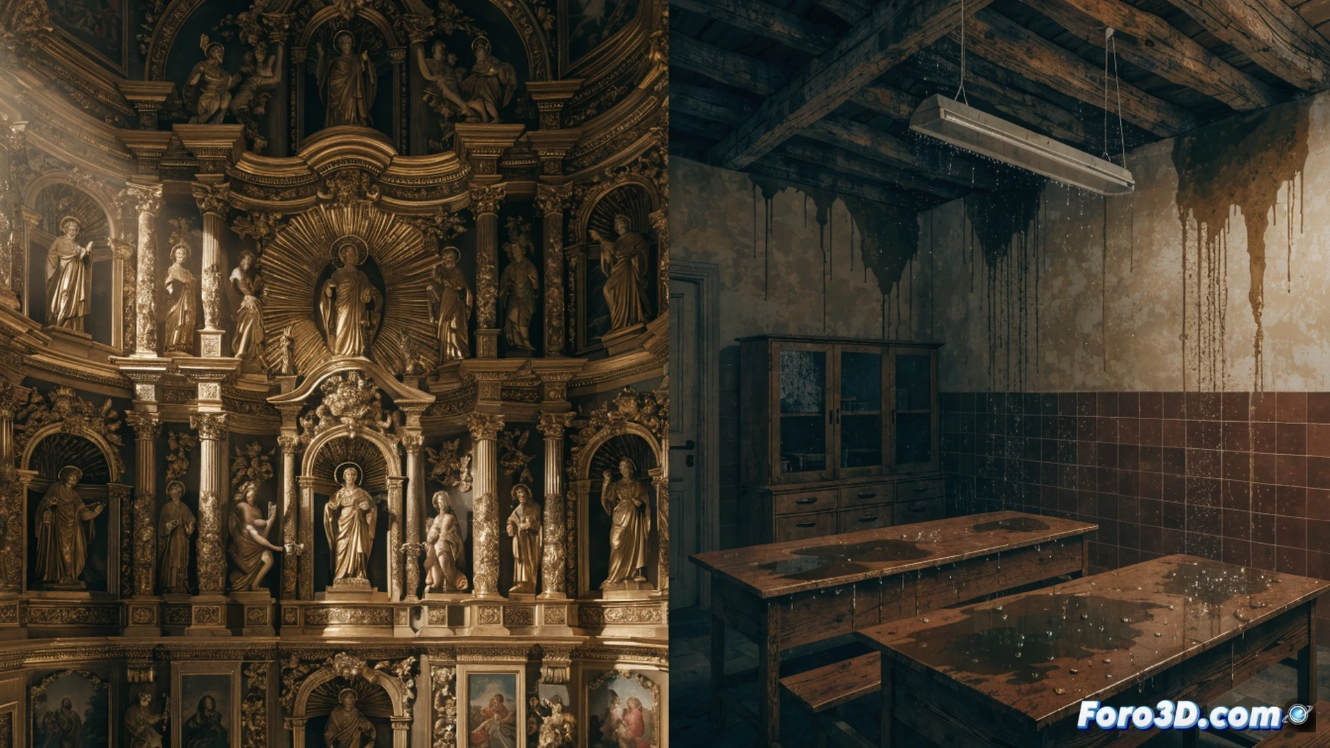 photorealistic scene showing a crumbling school hallway with water dripping from a leaking ceiling onto a glowing laptop on a desk while through a window a distant church retablo being restored with scaffolding and workers using gold leaf tools, juxtaposition of decay and opulence, children's backpacks on wet floor, technical illustration style, dramatic contrast lighting, wet concrete texture, polished wood retablo in background, cinematic composition, ultra-detailed architectural decay, no text