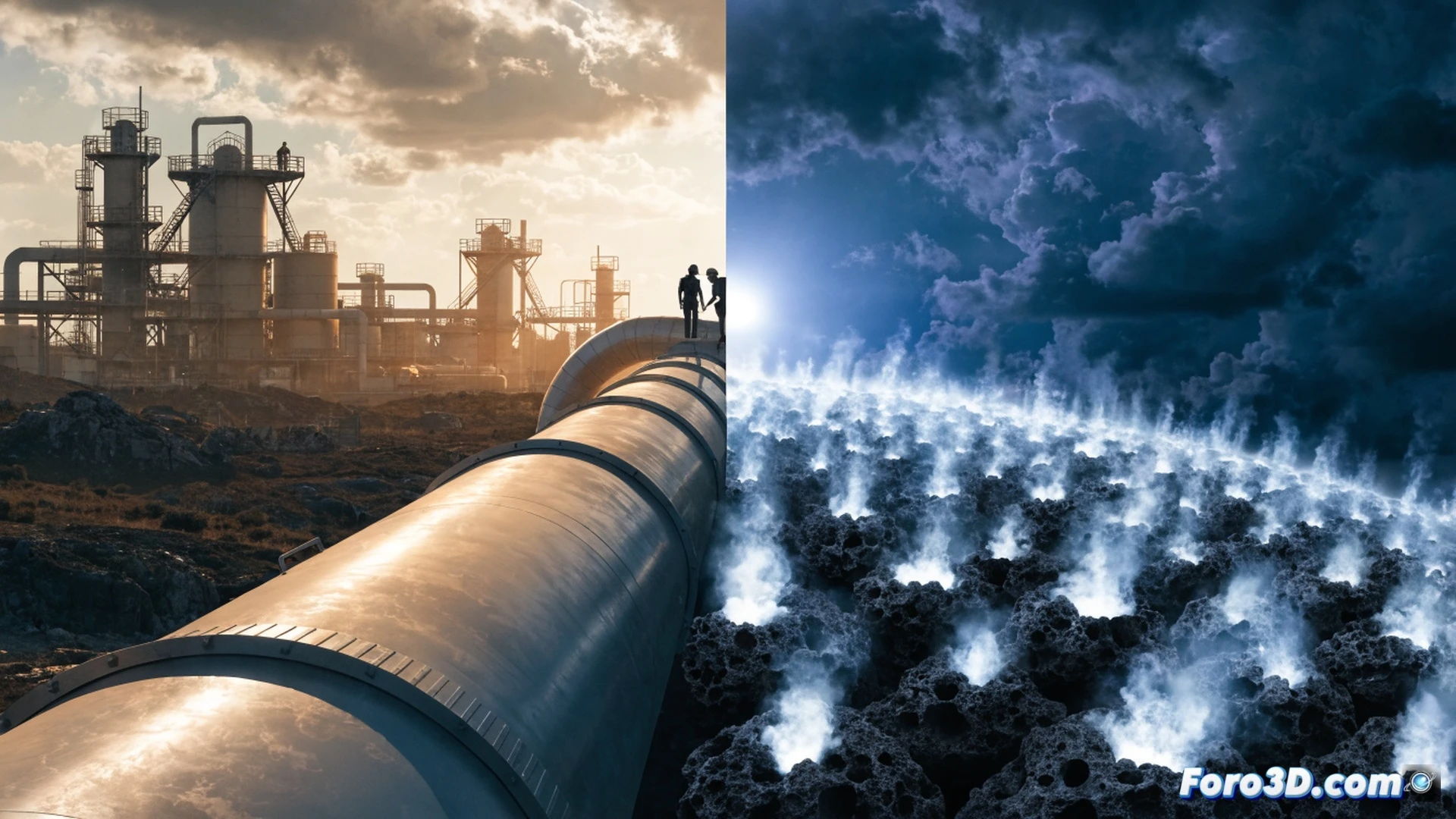 European gas pipeline valve station at night, workers in safety vests inspecting a large metering unit labeled methane analyzer, one technician holding a tablet showing a red warning graph while another points at a delayed regulatory compliance sticker, cold steam rising from venting pipes, industrial floodlights casting long shadows, warning stripes on floor, photorealistic technical illustration, cinematic lighting, detailed metal surfaces and pressure gauges, atmosphere of tension between operational urgency and postponed climate action