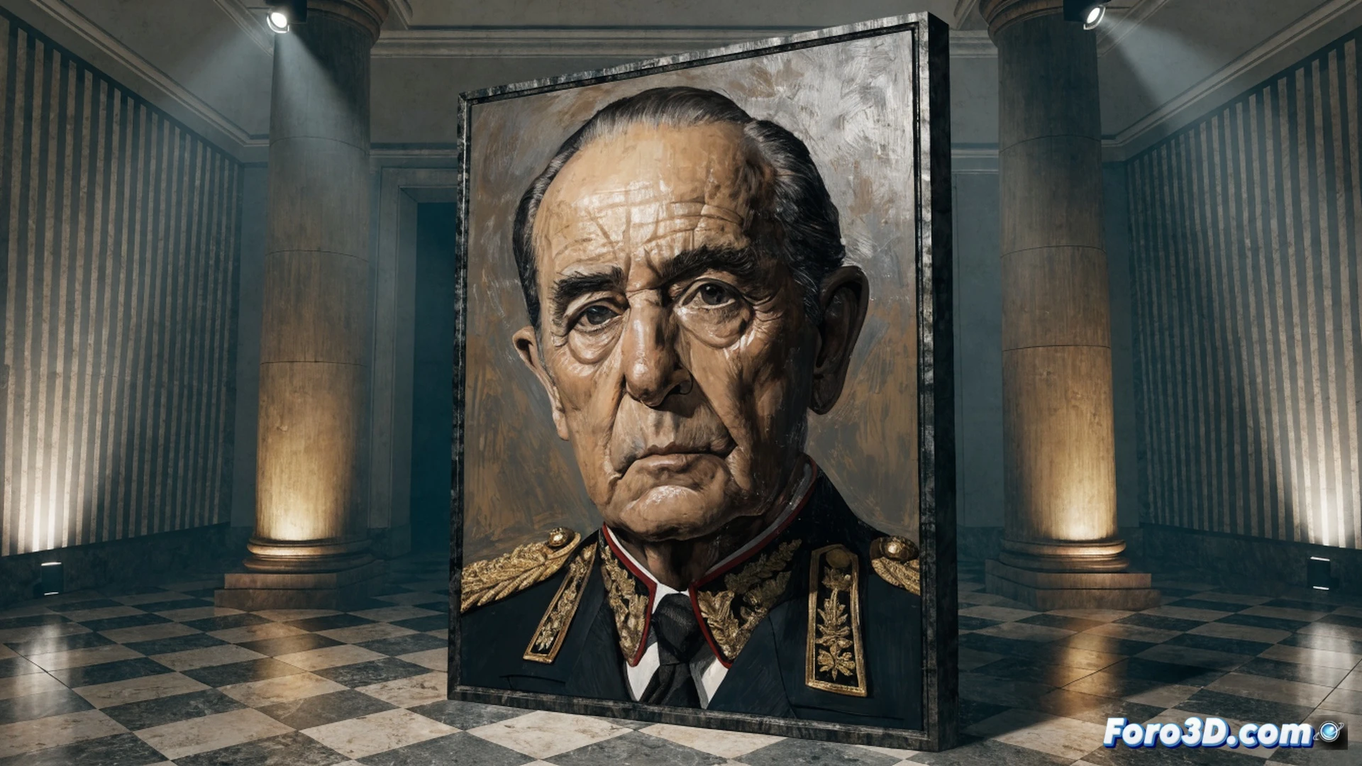Auction house interior in Madrid, a large Franco portrait being loaded into a padded transport crate by two handlers in blue uniforms, auctioneer in suit checking a clipboard, empty white wall where painting hung, polished wood floor, soft overhead spotlights, cinematic documentary style, photorealistic, medium shot capturing the transaction process, neutral beige walls, auction number placard on easel, dust motes in light beams, historical artifact removal demonstration
