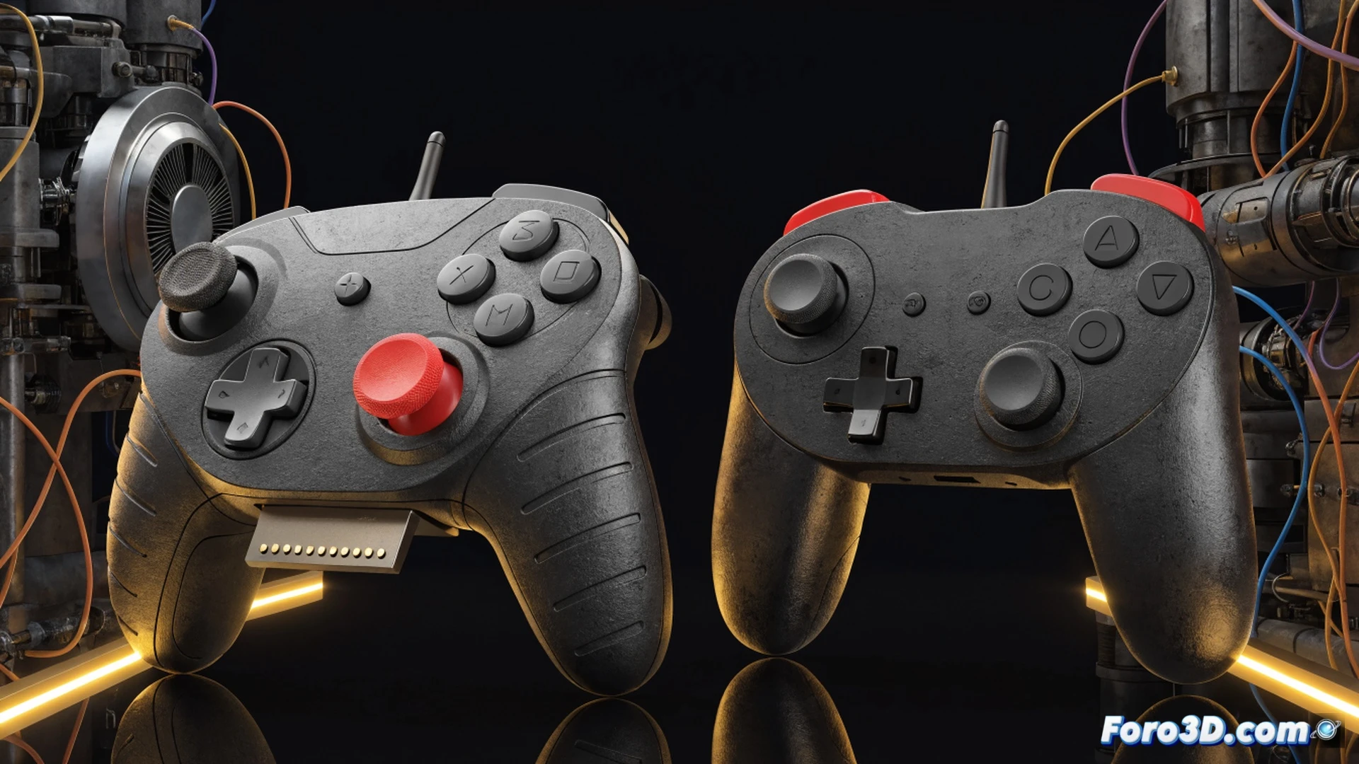 Retro gamer hand holding a white wireless StrikerDC controller connected to a Sega Dreamcast console on a wooden desk, VMU memory card inserted and glowing green, second black D6 fight controller lying nearby with arcade-style joystick, console fan spinning during gameplay, cable-free setup emphasizing wireless freedom, cinematic product photography, dramatic side lighting casting soft shadows, glossy plastic reflections, photorealistic technical illustration, nostalgic 90s gaming atmosphere, ultra-detailed hardware surfaces