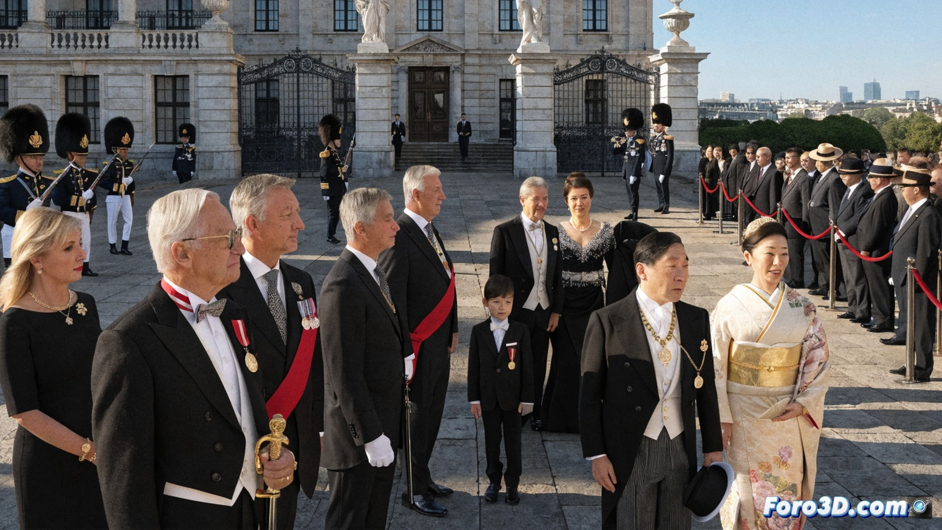 Ceremonial military honor guard presenting rifles in synchronized salute, King Philippe and Queen Mathilde of Belgium receiving Emperor Naruhito and Empress Masako of Japan on red carpet at Royal Palace of Brussels, historical palace facade with arched windows and columns, soldiers in formal uniforms with gold epaulettes and plumed shakos, diplomatic flags of Belgium and Japan flanking the entrance, precise marching formation during the state arrival ceremony, cinematic photorealistic illustration, golden afternoon sunlight casting long shadows on cobblestone courtyard, polished brass buttons reflecting light, formal diplomatic protocol, ultra-detailed textile textures, dramatic architectural perspective, peaceful state visit atmosphere
