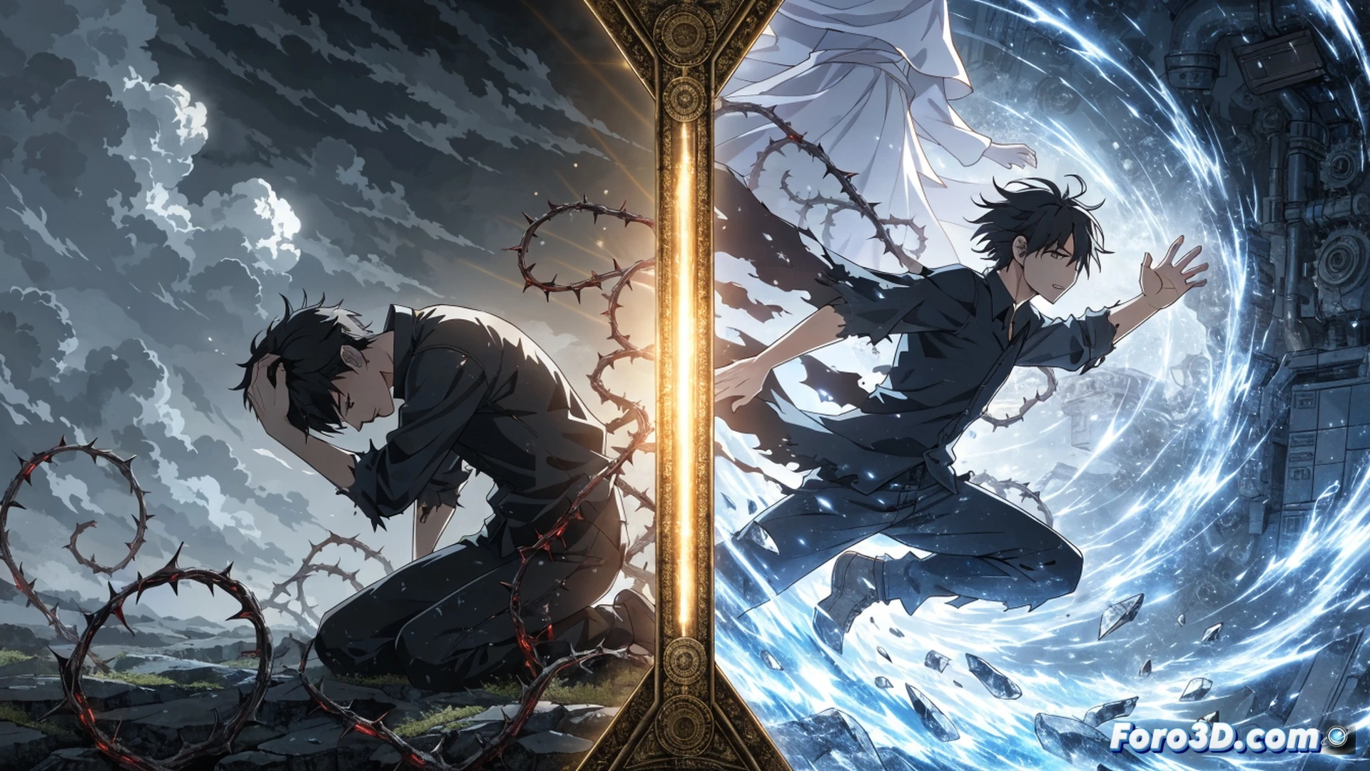 young man in modern casual clothes collapsing in pain on stone floor of fantasy castle throne room, ethereal hourglass floating above him with sand flowing backward, glowing clock hands spinning erratically, faint ghostly afterimages of his past deaths flickering around the scene, cracked stone tiles radiating dark energy, dramatic cinematic lighting with cold blue and warm amber contrast, ultra-detailed fantasy architecture, emotional weight of trauma and resilience, photorealistic technical illustration