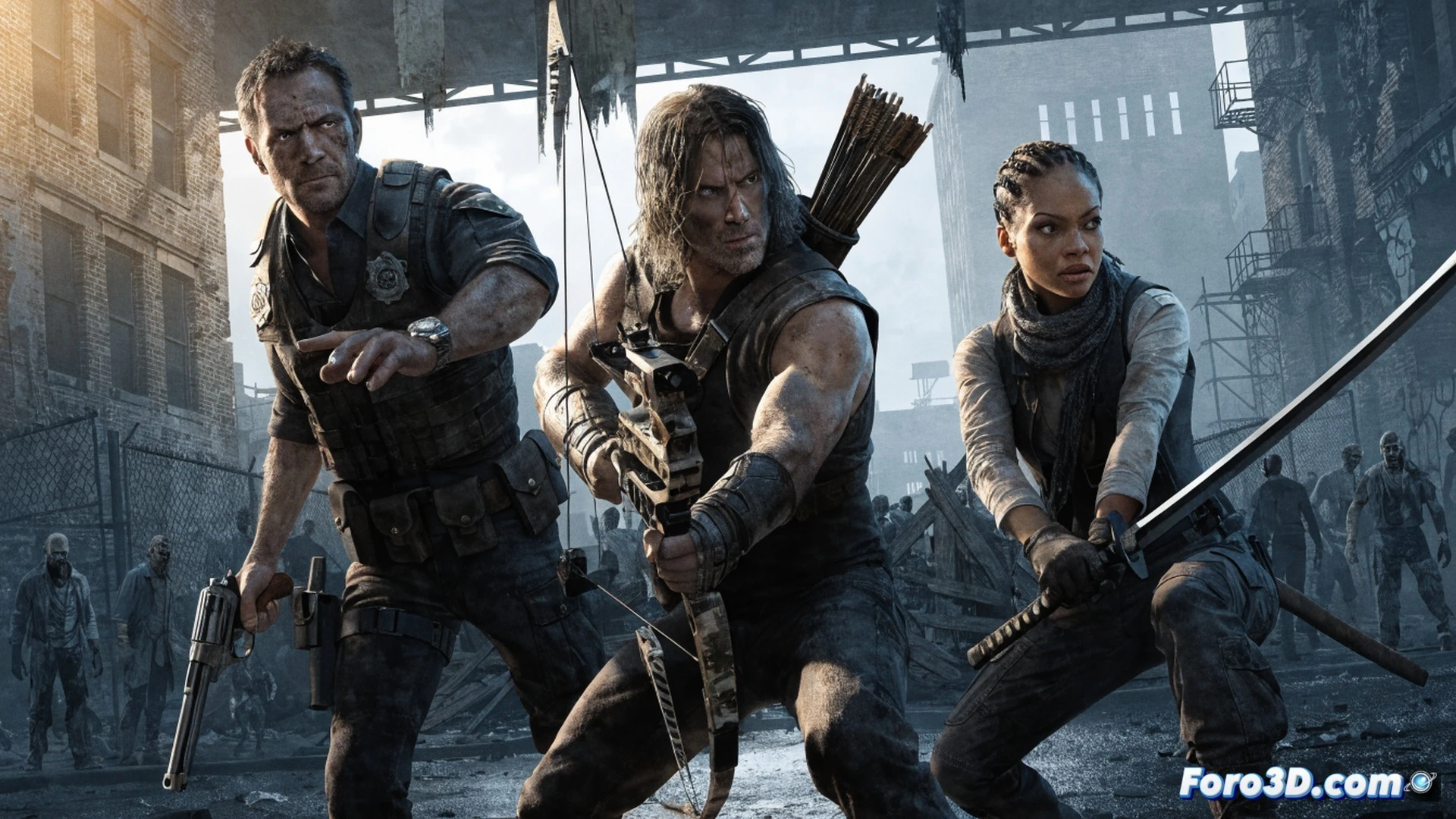 Three survivors fighting back to back in a ruined city street, Rick aiming a revolver while using a metal pipe as cover, Daryl crossbow drawn with bolt loaded, Michonne katana raised mid-swing, zombies closing in from all sides, Negan s barbed wire bat visible in background rubble, destroyed cars and broken glass scattered, dramatic smoke and dust clouds, cinematic action shot, dynamic pose, gritty texture, photorealistic video game cinematic render, intense orange and grey lighting, motion blur on attacking walkers, sparks from damaged streetlights, ultra-detailed character models with worn leather and torn fabric