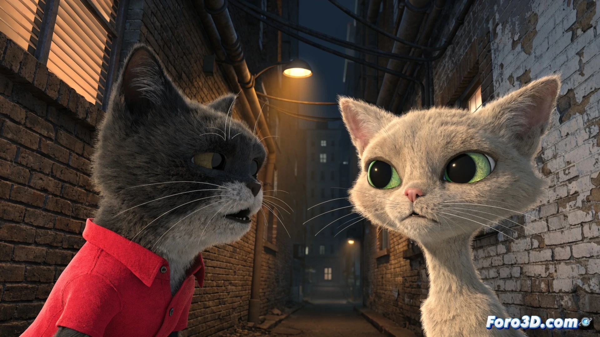 Grupo de gatos callejeros británicos en un callejón nocturno, un gato naranja sostiene un ratón de juguete roto mientras otro gato gris intenta arreglarlo con una llave inglesa miniatura, fondo de ladrillos húmedos con grafitis, ilustración técnica cinemática, estilo animación 3D para adultos, texturas de pelaje realistas, sombras dramáticas de farola, vapor saliendo de una alcantarilla, gatos con expresiones cómicas y gestos humanos exagerados, iluminación cálida contrastada con azules fríos