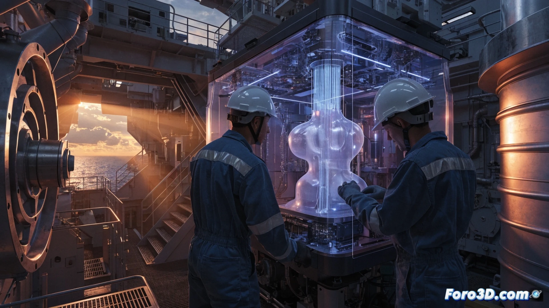 marines in navy overalls operating a 3D printer inside USS Essex hangar bay, printer nozzle extruding molten metal onto a build plate forming a mechanical bracket, digital interface on a rugged tablet showing CAD model and print progress, stacked spare parts bins and maintenance tools in background, ship structure visible with overhead pipes and industrial lighting, cinematic photorealistic engineering visualization, metallic reflections, warm interior light contrasting with cool digital glow, sharp focus on printer and technician hands, gritty industrial atmosphere, hyperdetailed hardware textures