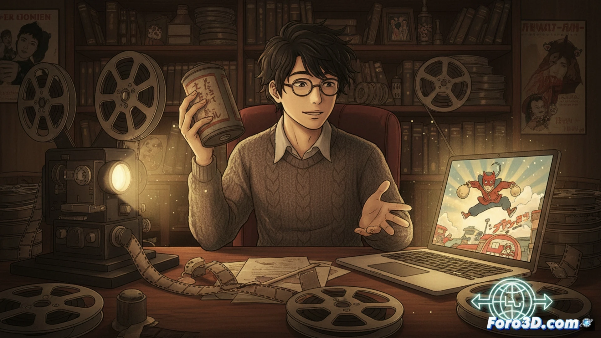 vintage film restoration workstation, 1930s celluloid reel being digitally scanned by modern equipment, glowing monitor showing colorful animated thief character leaping across rooftops, software interface with timeline and color correction tools visible, cinematic technical illustration, warm sepia tones contrasting with vibrant digital colors, motion blur on spinning reels, dust particles floating in light beam, polished metal scanner components, dramatic side lighting, photorealistic render demonstrating preservation process