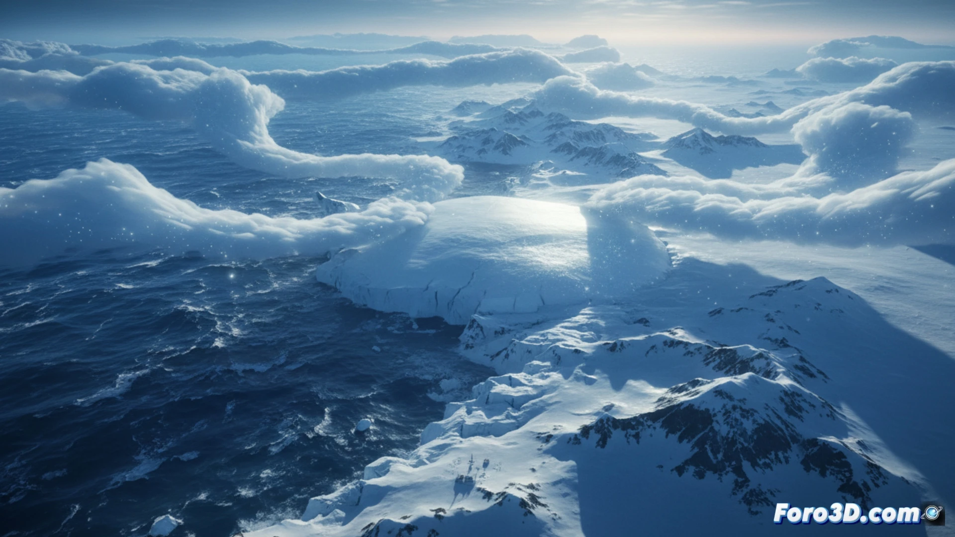 Ríos atmosféricos en 3D sobre la Antártida, corrientes de aire curvas y brillantes transportando vapor de agua desde el océano hacia el continente helado, mostrando capas de humedad en tonos azules y blancos mientras se elevan sobre la superficie nevada, científicos analizando datos en pantallas holográficas con modelos tridimensionales, gráficos de radar y mapas de flujo de humedad superpuestos, estación de investigación con antenas y sensores meteorológicos en primer plano, durante una tormenta polar con nubes bajas y viento visible, estilo cinematic photorealistic, iluminación fría y dramática, texturas de hielo detalladas, visualización técnica de datos atmosféricos
