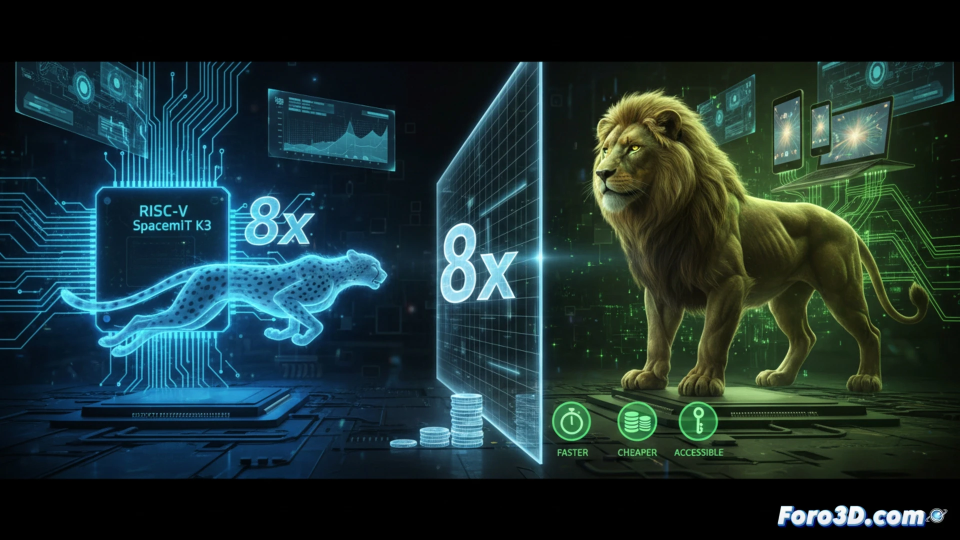 photorealistic technical illustration of two processor dies side by side on a workbench, left chip labelled SiFive 2021 with a single small glowing core, right chip labelled SpacemiT K3 2026 with eight stacked cores glowing brightly, a magnifying glass hovering over the right chip revealing hidden architectural shortcuts and simplified cache hierarchy, a performance graph display in background showing artificial benchmark scaling with exaggerated multiplier, an engineer shaking head while pointing at misleading 8x arrow, cinematic workshop lighting with blue and amber tones, ultra-detailed silicon wafer textures, macro photography style, engineering visualization