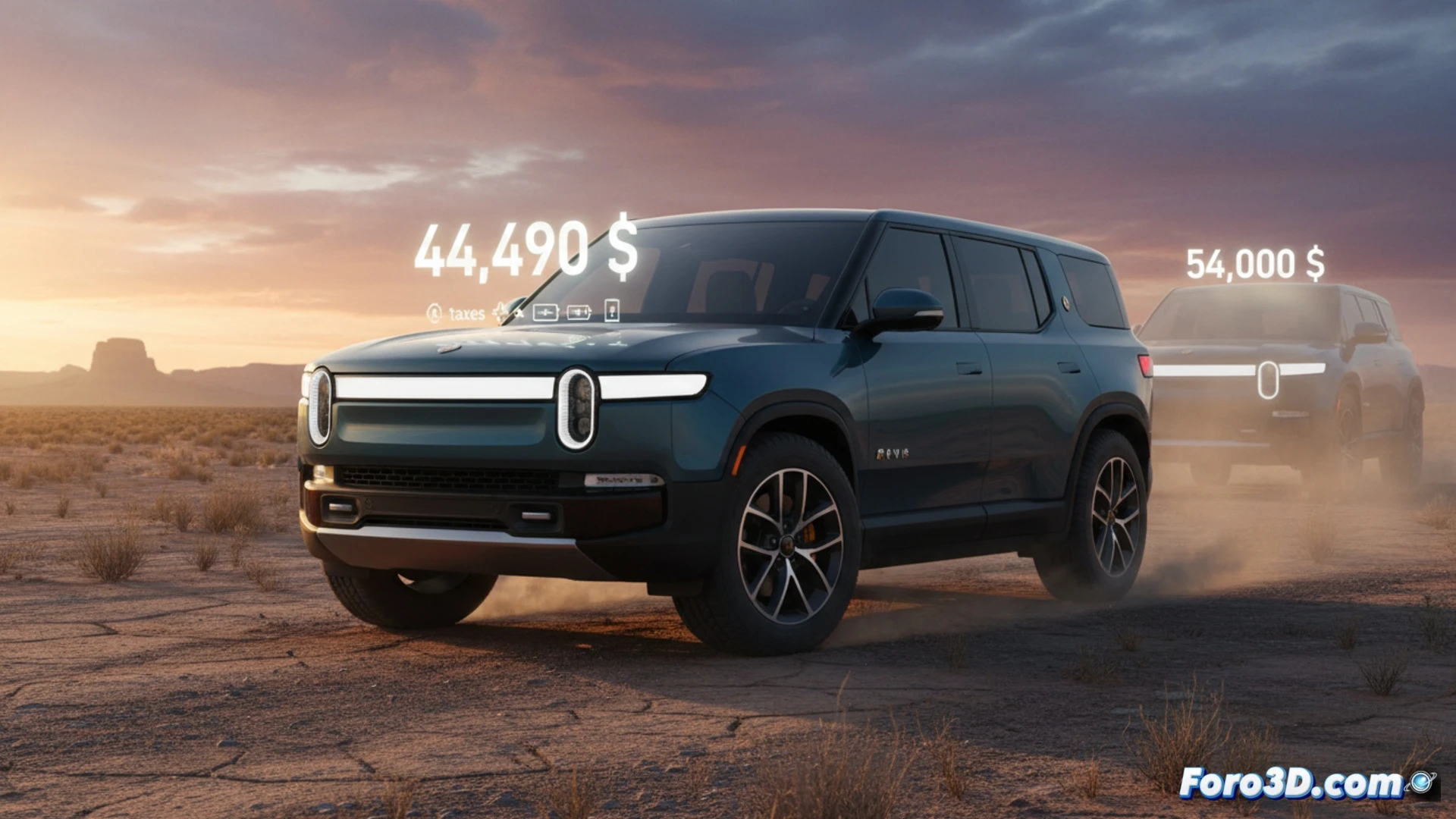 Rivian R2 SUV being disassembled on a transparent digital pricing blueprint, holographic price tag of 44k shattering into smaller fees like shipping and tax, battery pack being swapped from standard to long range while dollar signs float upward, technical illustration style, photorealistic engineering visualization, metallic vehicle chassis exposed, glowing red warning labels on fine print, robotic arms manipulating components, dramatic overhead lighting, sleek automotive showroom floor with digital projections, ultra-detailed mechanical parts, cinematic commercial aesthetic