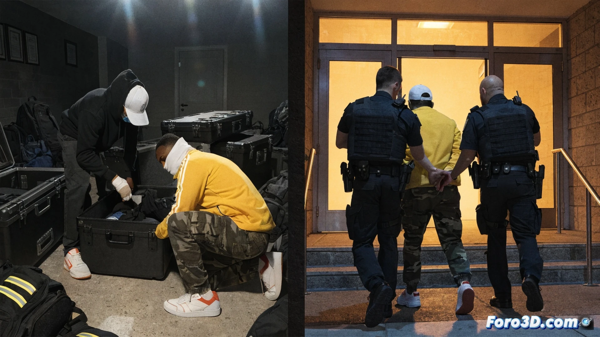 three suspicious figures in dark hoodies loading football training equipment into a van at night, stolen England team gear including branded boots and balls spilling from a broken crate, security camera flash illuminating the scene, cinematic photorealistic style, gritty urban parking lot, motion blur on escaping vehicle, reflective wet pavement, dramatic low-angle lighting, ultra-detailed textures on equipment and clothing, tense action moment showing the theft in progress
