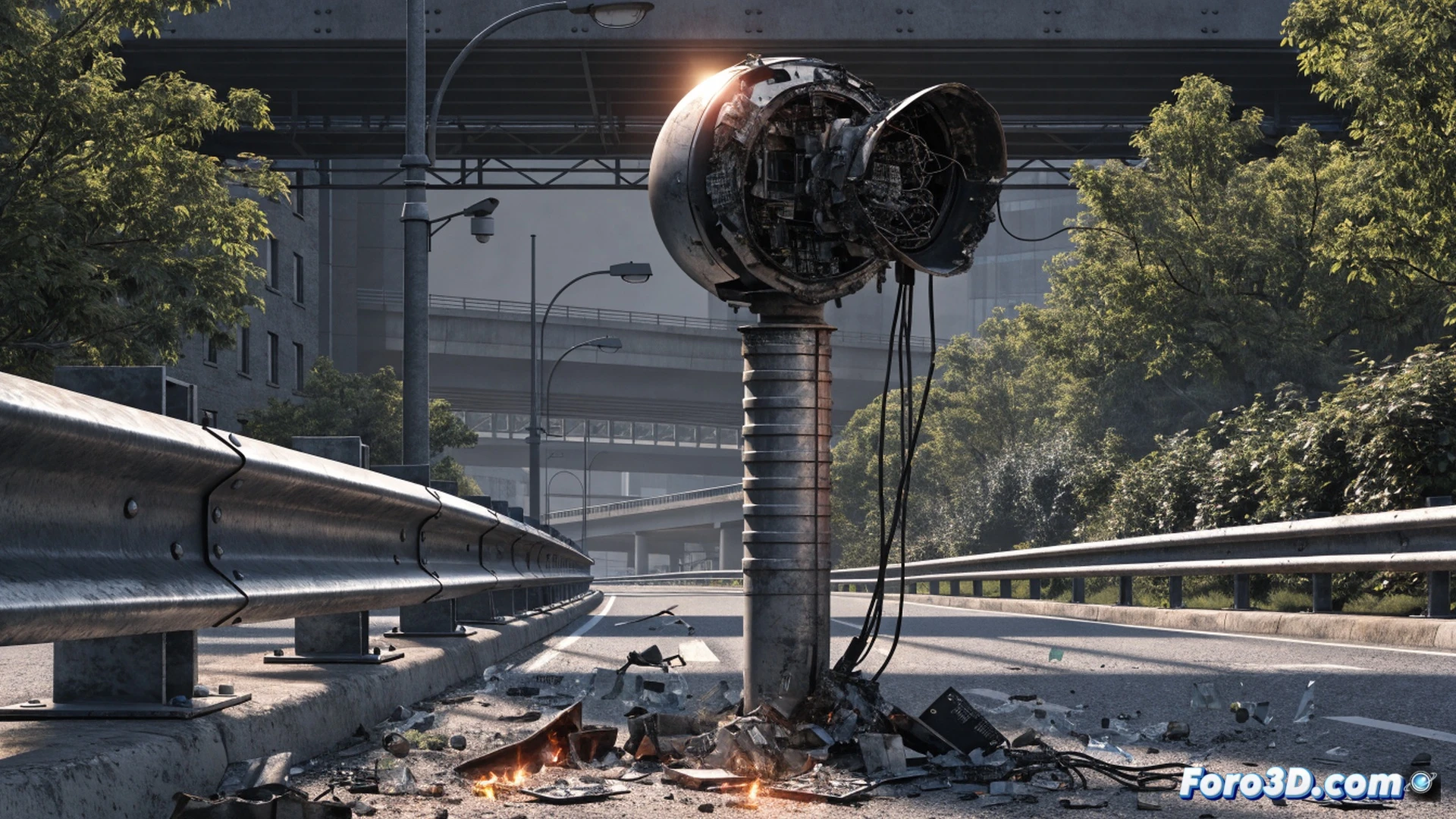 Radar de velocidad robado y quemado en carretera urbana, poste metálico retorcido y carbonizado, restos humeantes del equipo electrónico destruido, cables expuestos y fundidos, marcas de neumáticos en el asfalto, herramientas de vandalismo como palanca y bidón de combustible abandonados cerca, agentes de tráfico inspeccionando los daños con linternas y tablets, vehículo policial con luces azules intermitentes al fondo, escena nocturna con iluminación dramática, estilo cinematográfico fotorrealista, texturas de metal quemado y plástico derretido, atmósfera de tensión y abandono urbano, ultra detallado, render técnico realista.