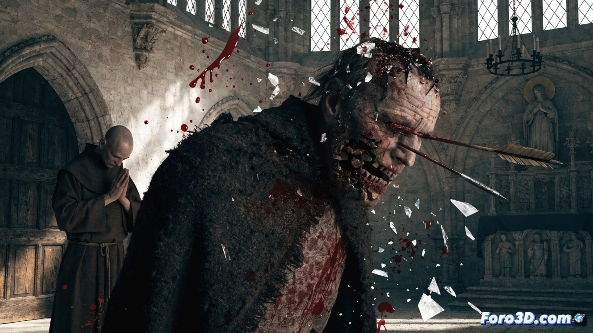 Aged Robin Hood figure with shattered jaw and bloodied face stumbling through a dark forest, arrow embedded in his eye socket, clutching a broken longbow while fleeing armed knights, cinematic photorealistic style, dramatic low-angle shot, rain-soaked medieval armor, mud-splattered cloak, visceral gore detail, deep shadows and harsh moonlight, hyperviolent action scene showing irreversible damage and desperate movement, dark red blood dripping onto wet leaves, intense raw emotion, gritty texture, no text or symbols, ultra-detailed skin wounds and splintered wood