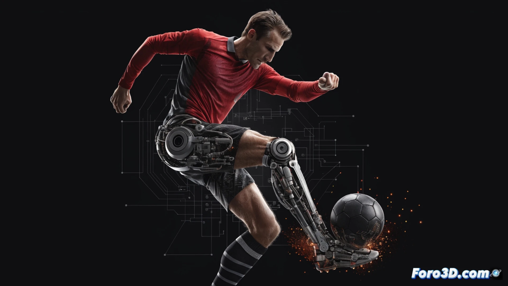 Left-footed striker Robin van Persie mid-volley, biomechanical analysis overlay showing hip rotation angle, ankle lock position, and gaze vector toward goal. Motion-capture dots on his shooting leg and torso. Background: transparent 3D wireframe football pitch with heatmap zones of his preferred shooting areas. Cinematic engineering visualization, high-contrast lighting, sharp focus on muscle tension and joint alignment, photorealistic technical illustration style.