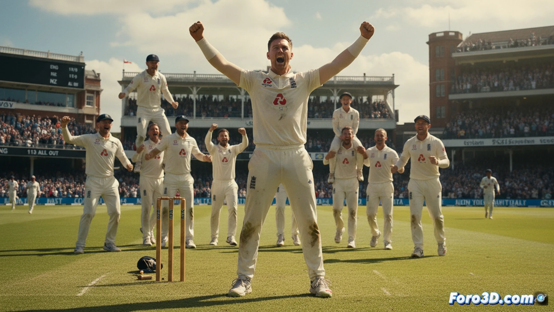 Ollie Robinson en acción en Lord s, lanzando un balón de cricket con efecto swing, bateador neozelandés fallando el golpe, wicket derribado detrás del bateador, césped verde del campo, público en la grada de fondo, pabellón histórico de Lord s visible, luz natural de atardecer, movimiento congelado del balón girando, polvo levantado del pitch, estilo cinematográfico fotorrealista, detalles de la costura del balón, sombras dramáticas, profundidad de campo reducida, textura del pasto y la ropa deportiva, alta definición técnica