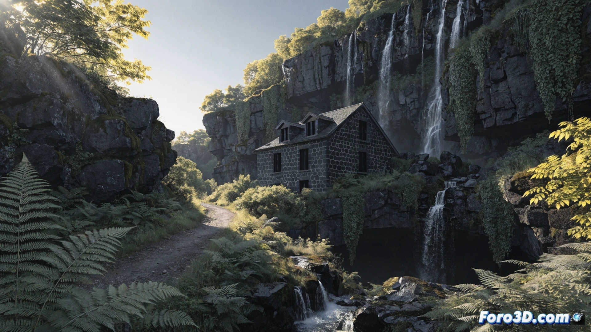 hiker standing on black volcanic rock path next to Roblelacasa stone house in Guadalajara forest, cascading waterfall of Aljibe river splashing into rocky pool, wooden picnic basket open on flat stone with sandwiches and apples, missing safety railings along cliff edge visible, morning sunlight filtering through oak canopy, cinematic landscape photography, photorealistic nature render, deep green moss contrasting with dark basalt walls, water droplets suspended in mid-air, dramatic chiaroscuro lighting, ultra-detailed stone textures, wilderness escape atmosphere