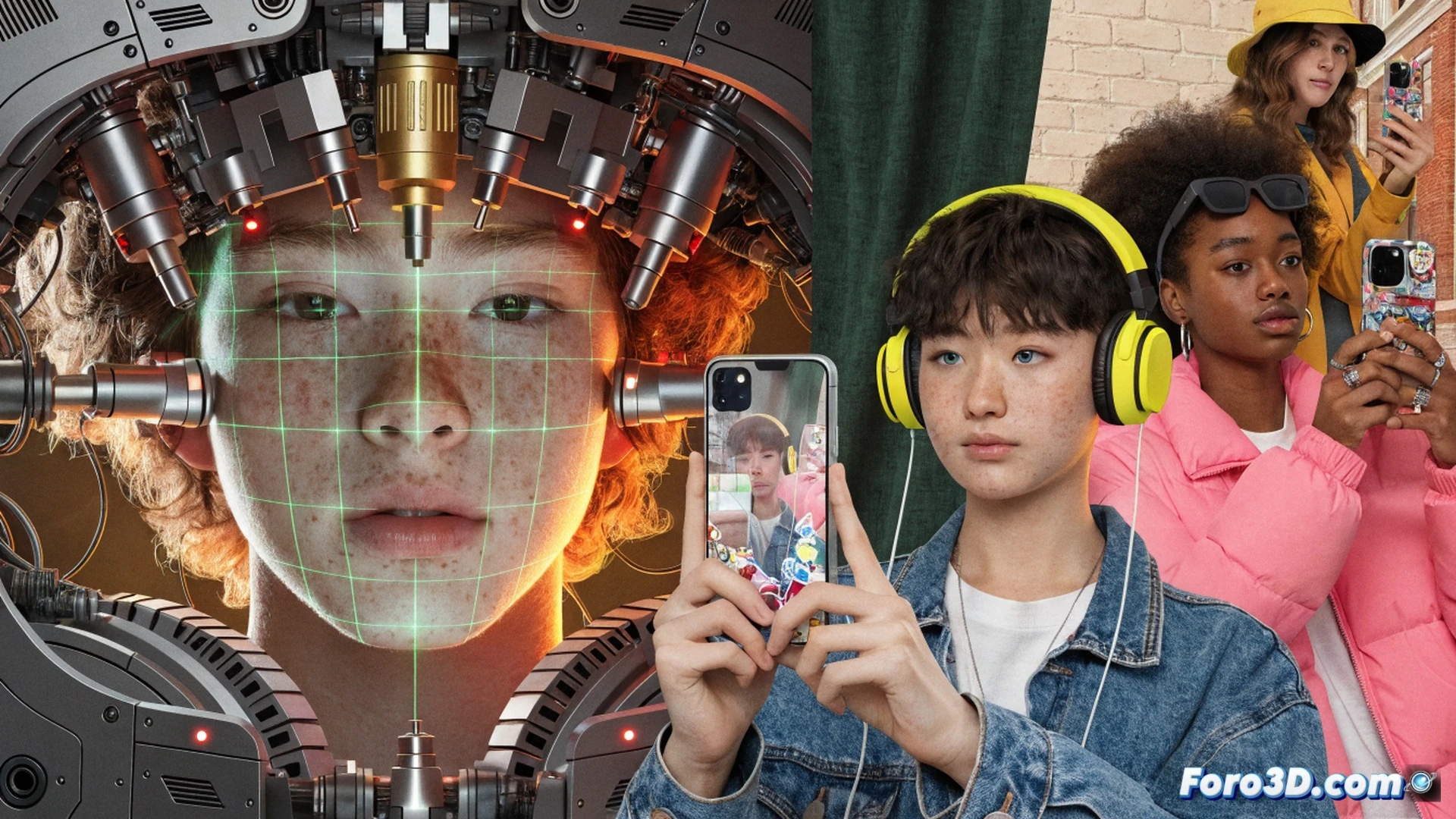 A young person holding a smartphone, camera facing them, while a glowing facial recognition grid scans their face on the screen, a cartoonish fake mustache falling off their chin, a Roblox game interface visible on a nearby tablet with a locked chat icon, a parent figure observing approvingly in the background, technical illustration style, photorealistic lighting, clear demonstration of identity verification process, focused action of recording a selfie video, clean modern room setting, ultra-detailed skin textures and screen reflections, dramatic side lighting from the phone display.