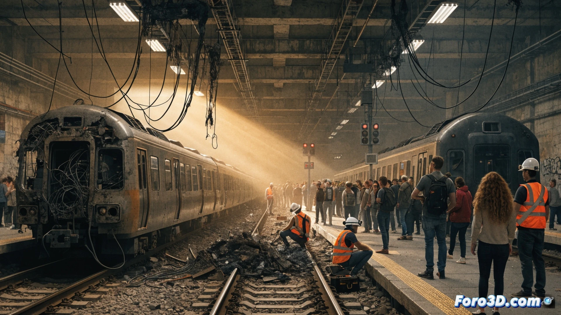 Photorealistic scene showing railway workers repairing severed signalling cables beside train tracks at dawn, damaged copper wires exposed on the ground, workers using voltage testers and crimping tools, a stranded commuter train visible in background with passengers waiting on platform, digital station board displaying cancelled services for lines C2 C7 C8, technical engineering visualization, cold morning light, wet gravel, safety vests and helmets, realistic industrial details, cinematic wide angle shot