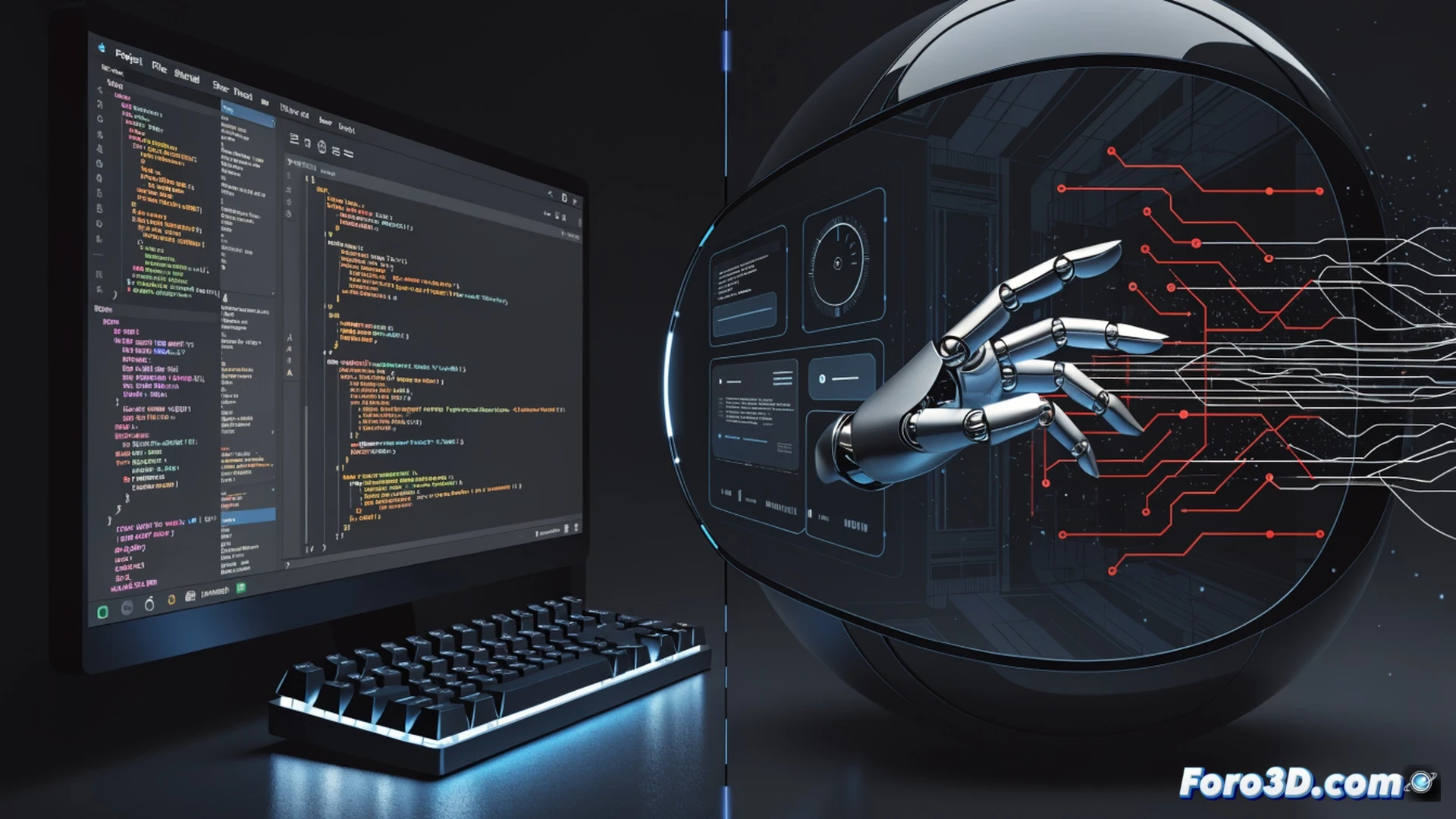 chrome extension icon glowing red next to jetbrains plugin panel, malicious code lines flowing from plugin into a hidden browser window, chatbot conversation logs being extracted as glowing blue data streams, keyboard input captured mid-typing showing api key being stolen, developer workspace with code editor and terminal in background, subtle red warning symbols appearing on screen edges, photorealistic technical illustration, cinematic overhead angle, dramatic blue-red cyber alert lighting, ultra-detailed ui elements, sharp focus on data exfiltration process, dark metallic laptop surface, security threat visualization style
