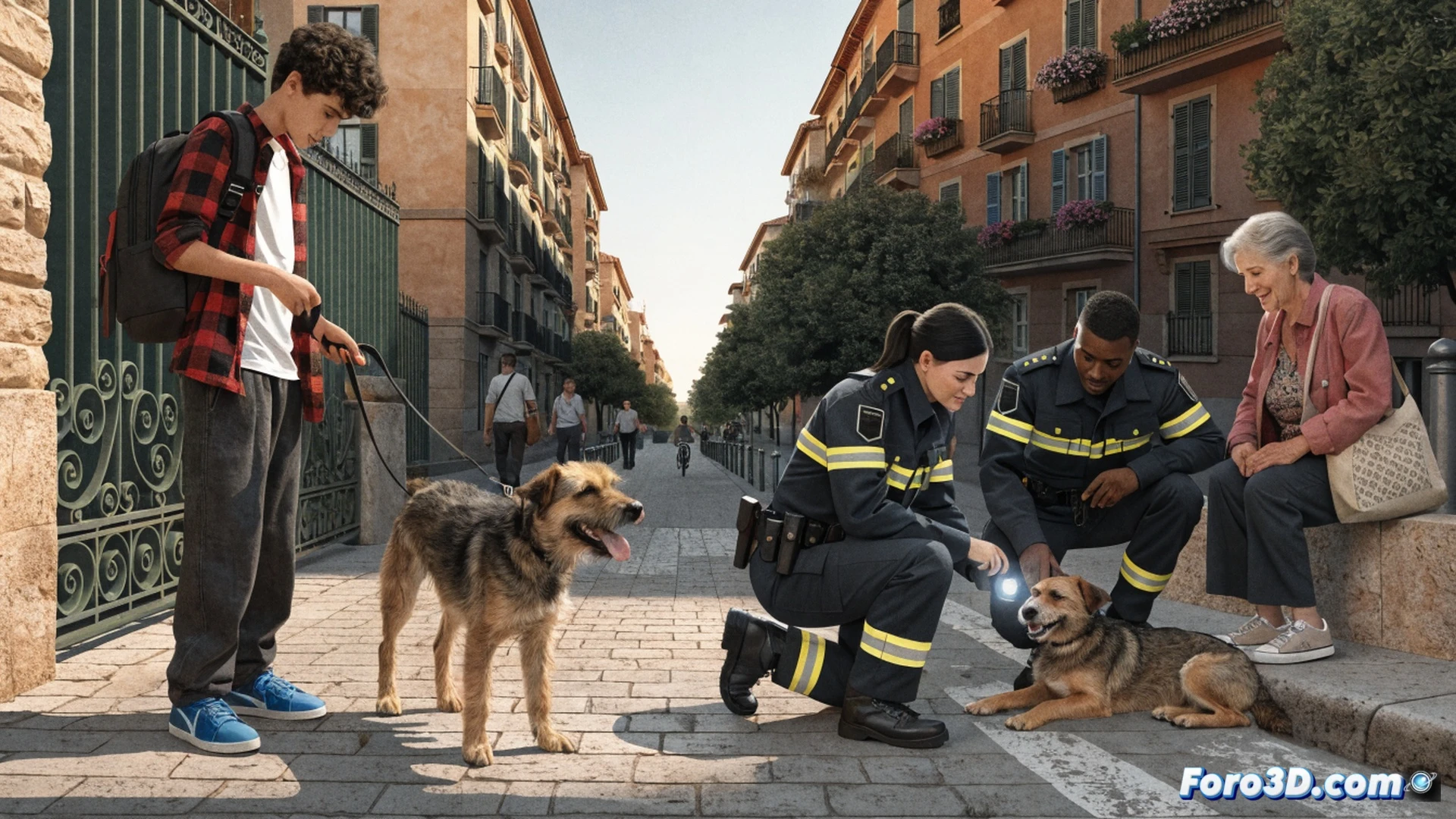 Agente de policía local escaneando el lomo de un perro con un lector de microchip portátil en una calle del barrio Las Delicias, otro agente sujetando al joven detenido esposado junto a una farola, dueña original llegando corriendo emocionada al fondo, perro sin bozal tirando de la correa, edificios residenciales de ladrillo visto al atardecer, luces de farolas encendidas, cámara de vigilancia urbana en esquina superior, fotorealismo cinematográfico, iluminación dramática naranja y azul, texturas de asfalto húmedo, profundidad de campo nítida, acción de captura en proceso.