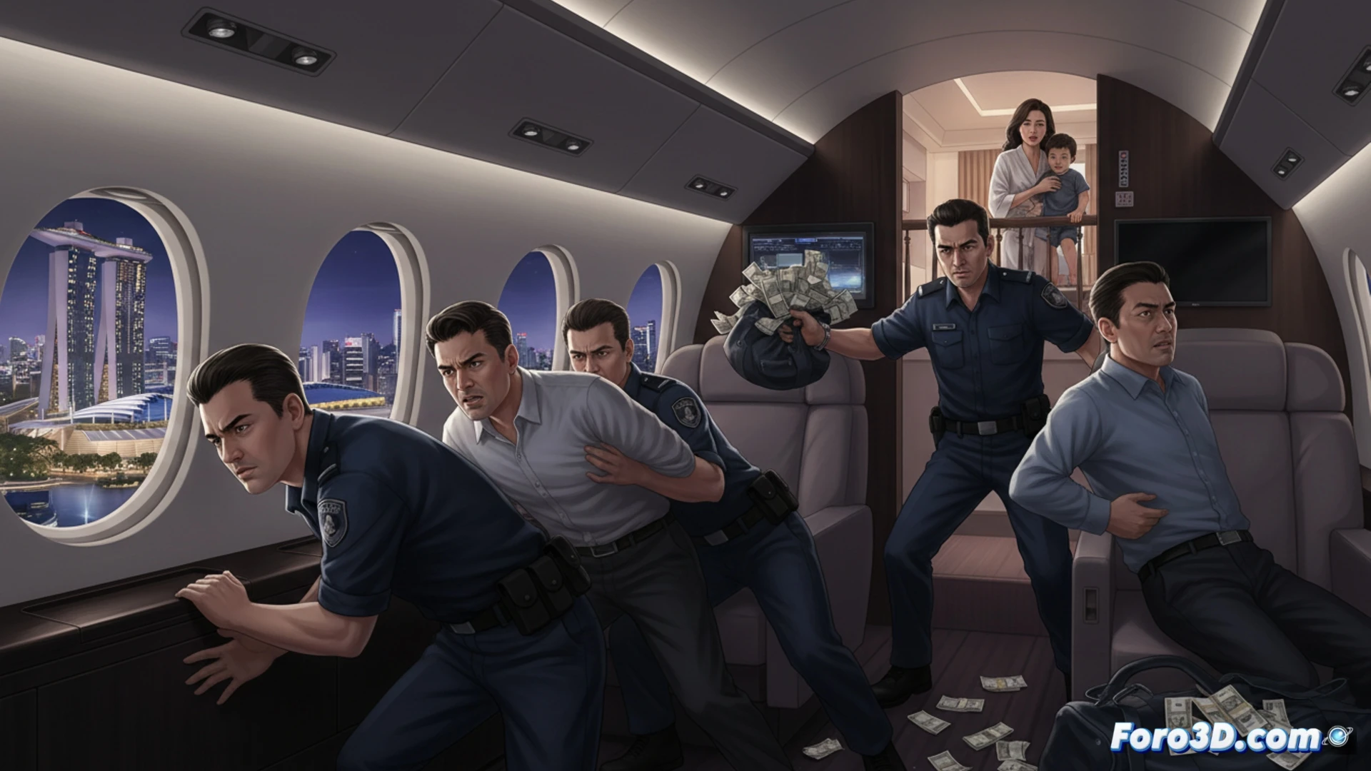 Marina Bay Sands hotel balcony scene, three men grabbing a woman and child while pushing them onto the balcony, locked glass door visible, mobile phone and cash scattered on floor, open messaging app interface on a tablet showing currency exchange chat, airport runway background with a commercial airplane turning around, police handcuffs being placed on suspects, cinematic photorealistic style, dramatic evening lighting, neon reflections from city skyline, ultra-detailed textures on glass and metal, tense action moment, wide-angle lens perspective