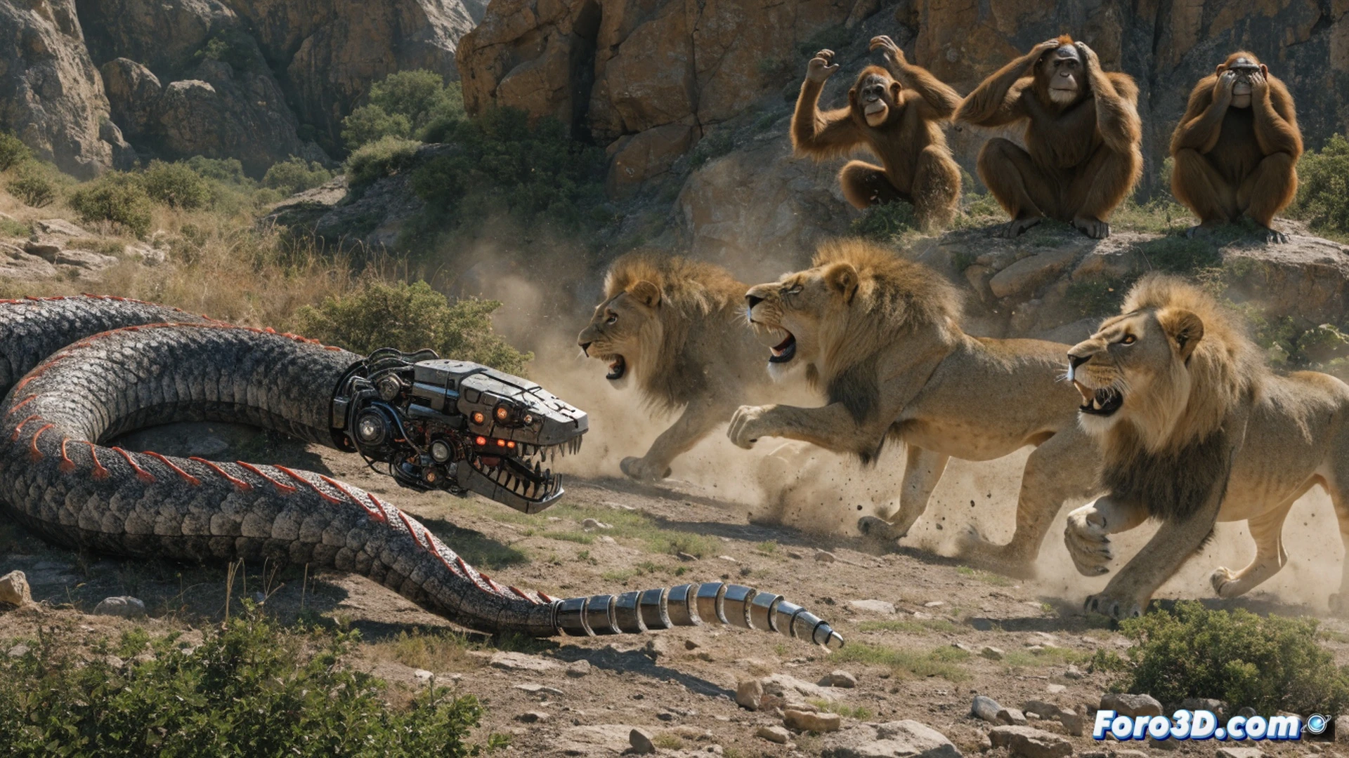 robotic rattlesnake constructed from metallic segments and exposed wiring, positioned on dry desert ground, its tail raised mid-rattle producing visible sound waves, a lion cub recoiling with startled posture and raised hackles, orangutan in background leaping backward with wide eyes, scientific observation station with laptop showing waveform analysis, camera tripod recording the experiment, dramatic golden hour lighting casting long shadows, photorealistic wildlife documentary style, high detail on fur textures and robotic joints, dust particles suspended in air, intense survival instinct captured in motion