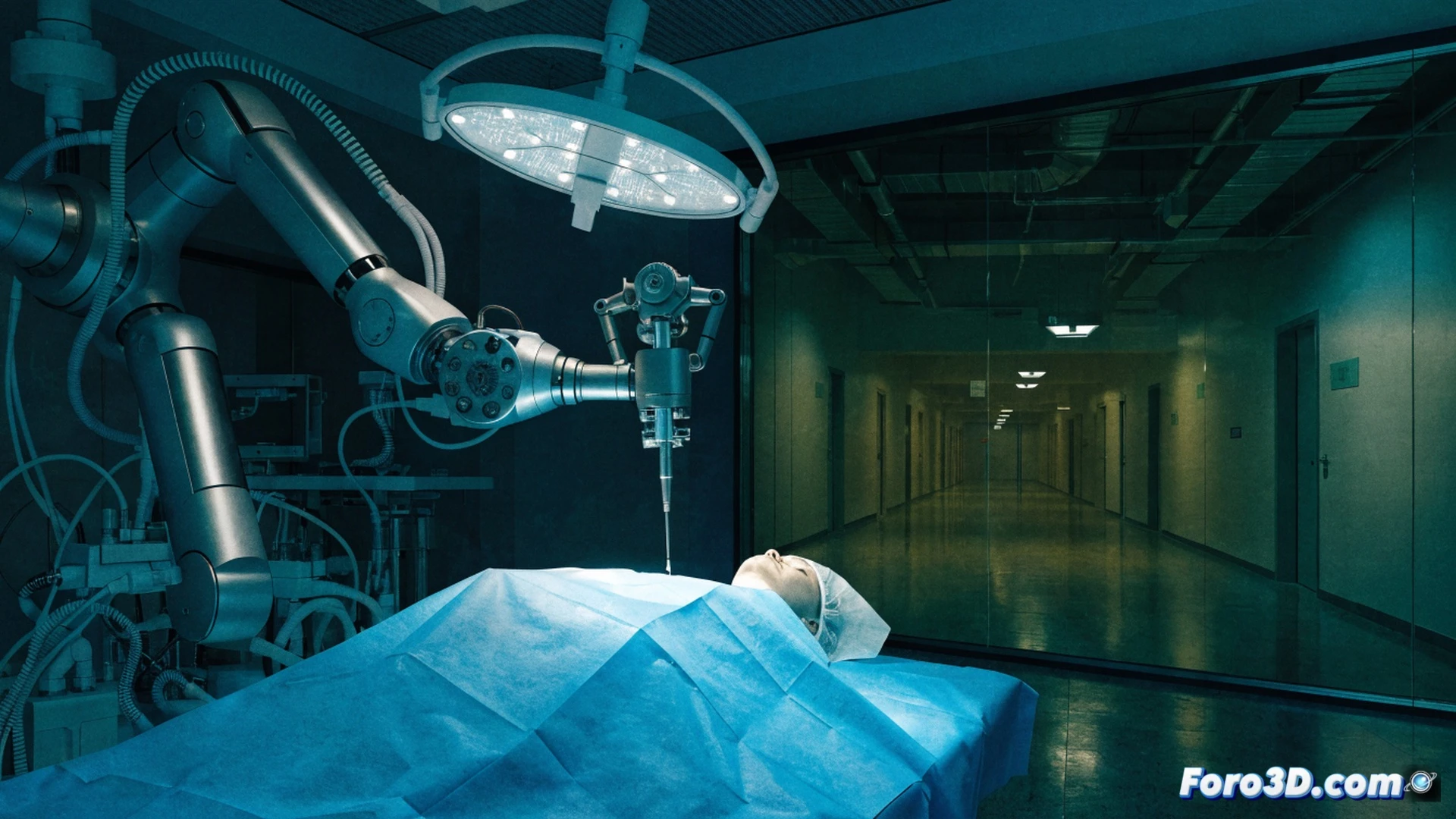 Hospital público vacío contrasta con quirófano privado iluminado, robot quirúrgico Da Vinci con brazos metálicos articulados realizando una incisión precisa sobre un paciente anestesiado, cirujano con gafas 3D controlando consola táctil, pantalla mostrando visualización endoscópica en tiempo real, cables y tubos conectados al sistema robótico, fondo con puerta entreabierta hacia sala pública sin equipamiento, luz fría azulada sobre el robot versus luz cálida amarilla en zona pública, estilo cinematográfico fotorrealista, textura de acero quirúrgico, sombras dramáticas, profundidad de campo marcada, aspecto de documental médico de alto contraste, detalles técnicos en conectores y paneles de control, atmósfera de desigualdad tecnológica.